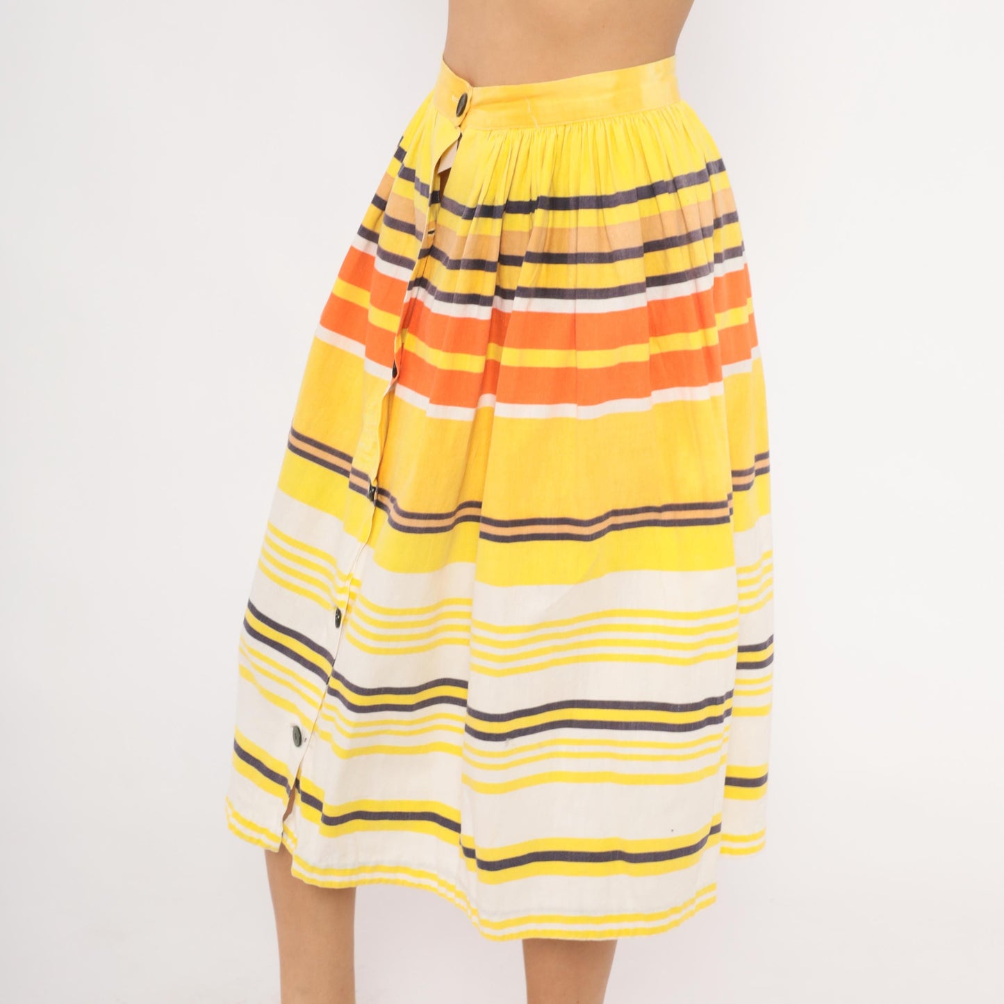 70s Striped Button Front Midi Skirt Yellow Orange Cotton Gathered Waist Small