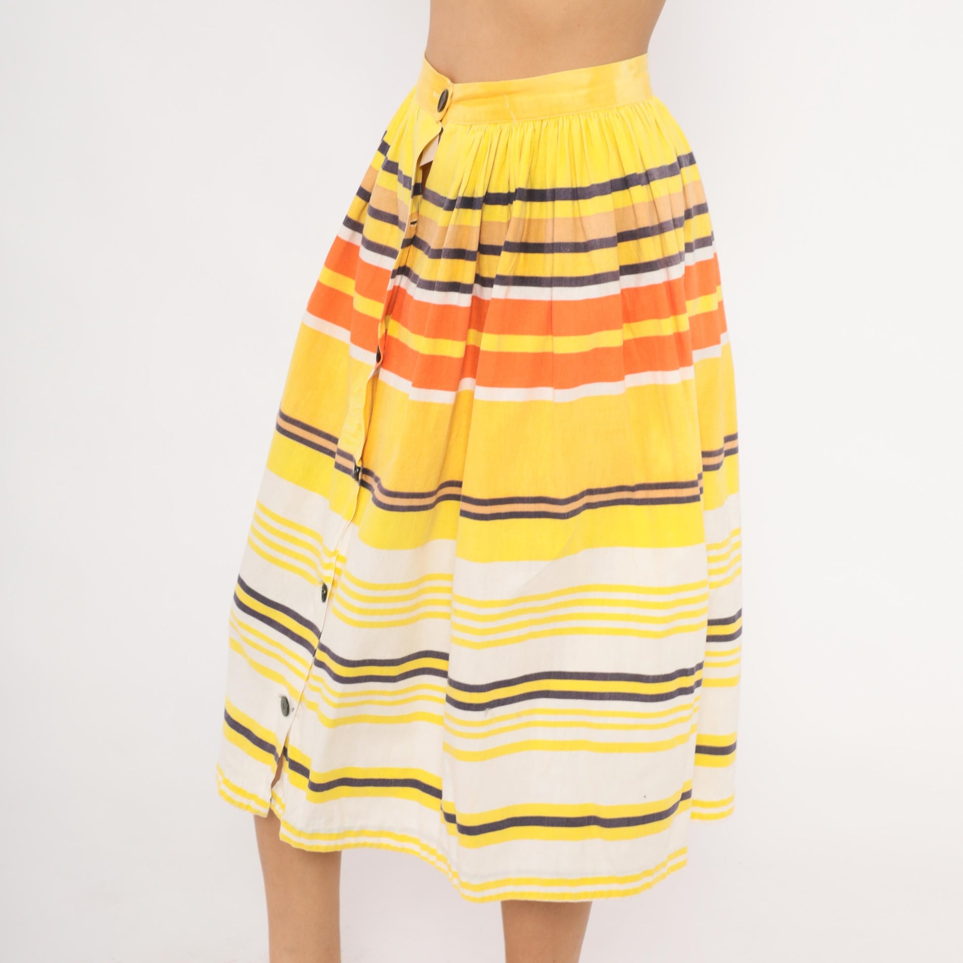 70s Striped Button Front Midi Skirt Yellow Orange Cotton Gathered Waist Small