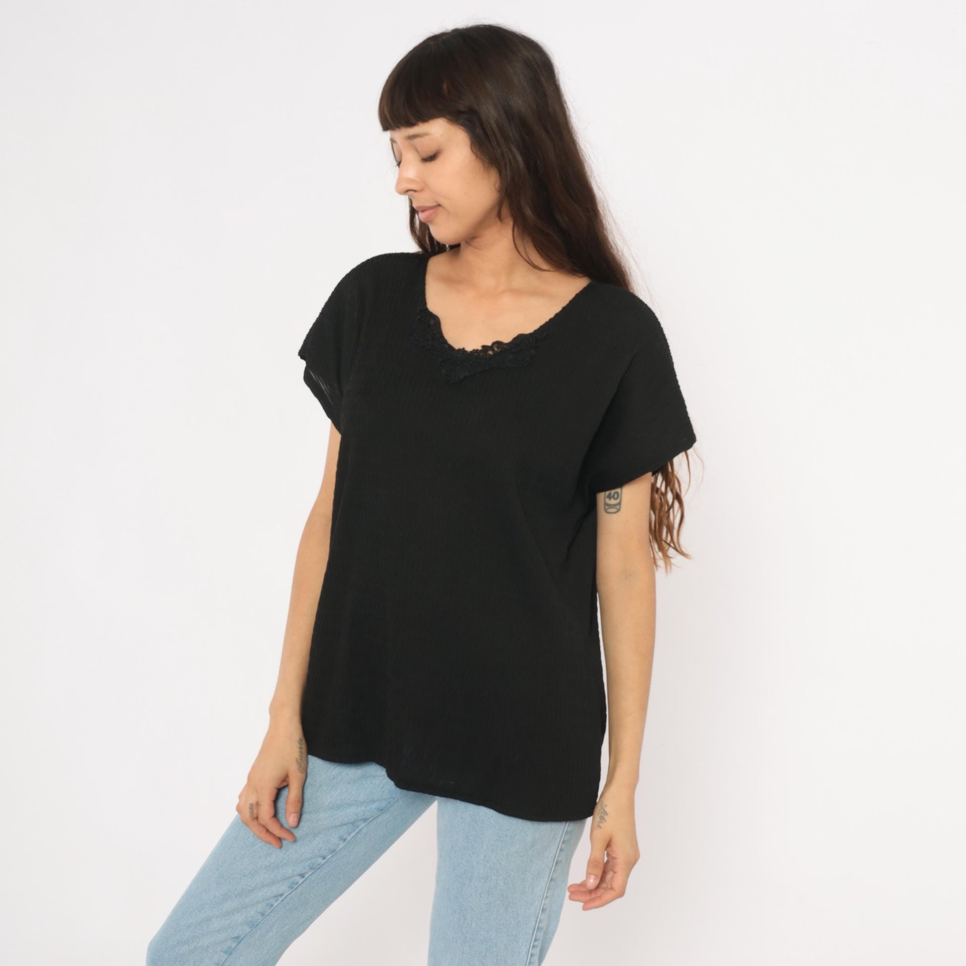 90s Copy Cats Black Lace Neckline Blouse Dolman Sleeve Tunic Extra Large XXL