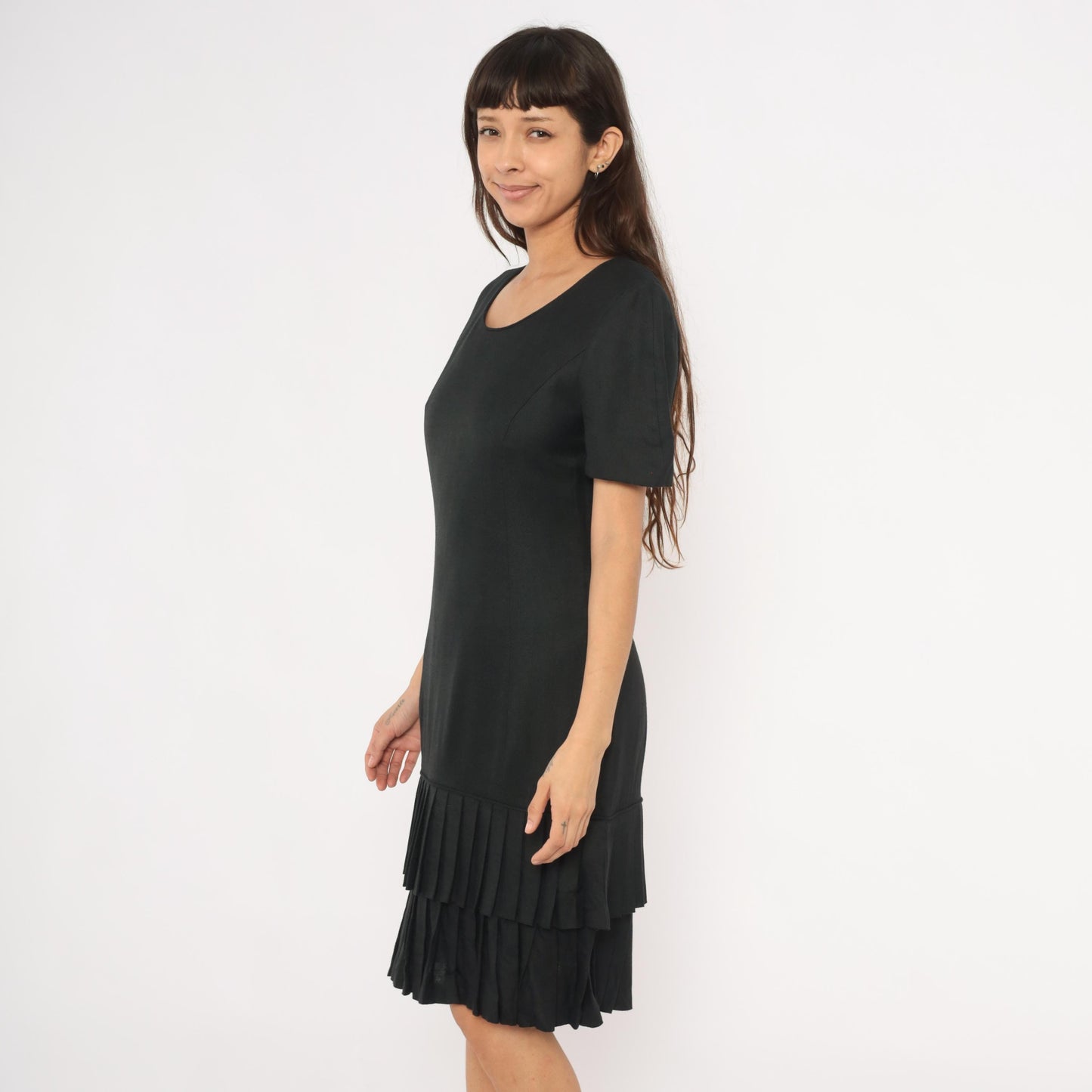 80s Carolina Herrera Black Knee-Length Dress Drop Waist Pleated Ruffle Medium