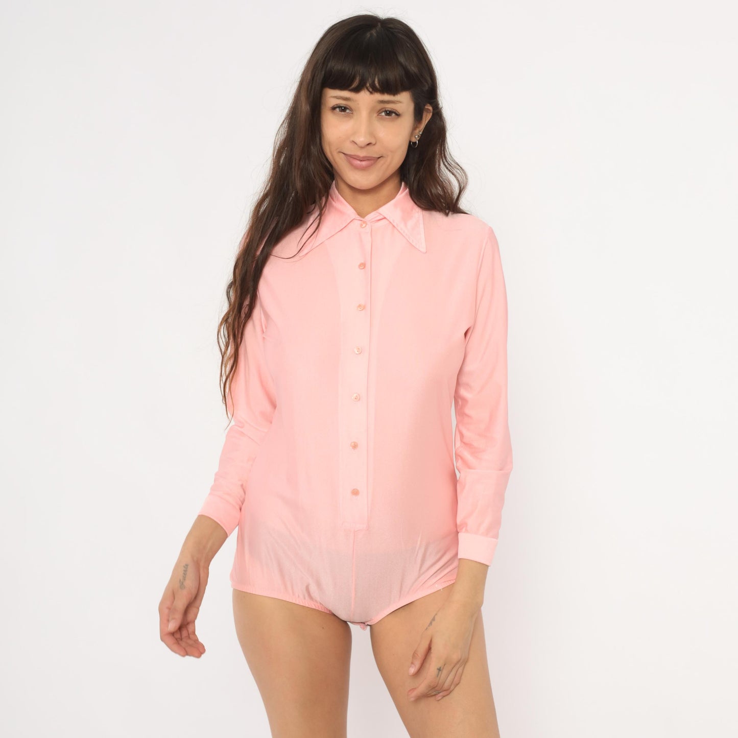 80s Imagnin Pink Bodysuit Blouse Pointed Collar Long Sleeve Large L