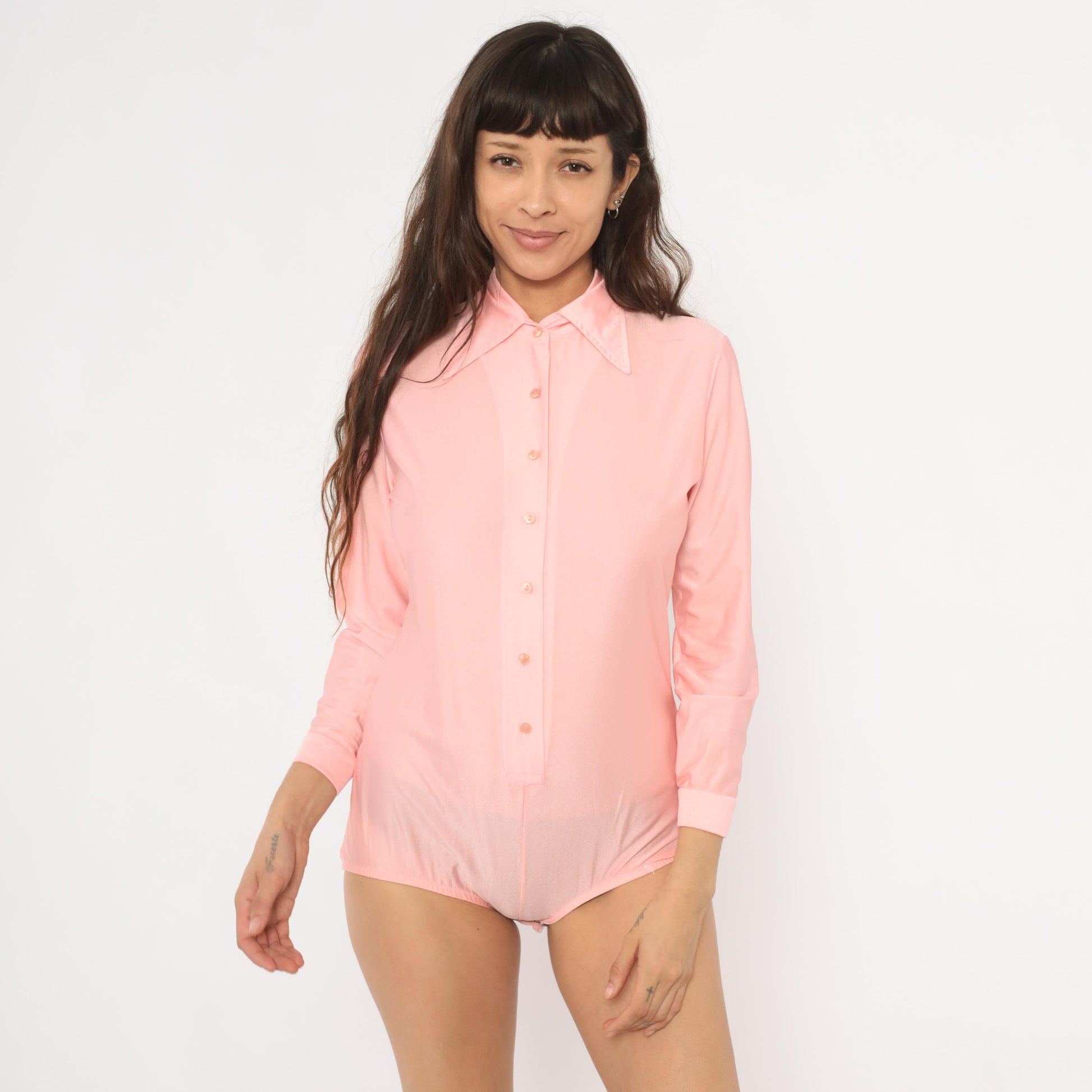 80s Imagnin Pink Bodysuit Blouse Pointed Collar Long Sleeve Large L