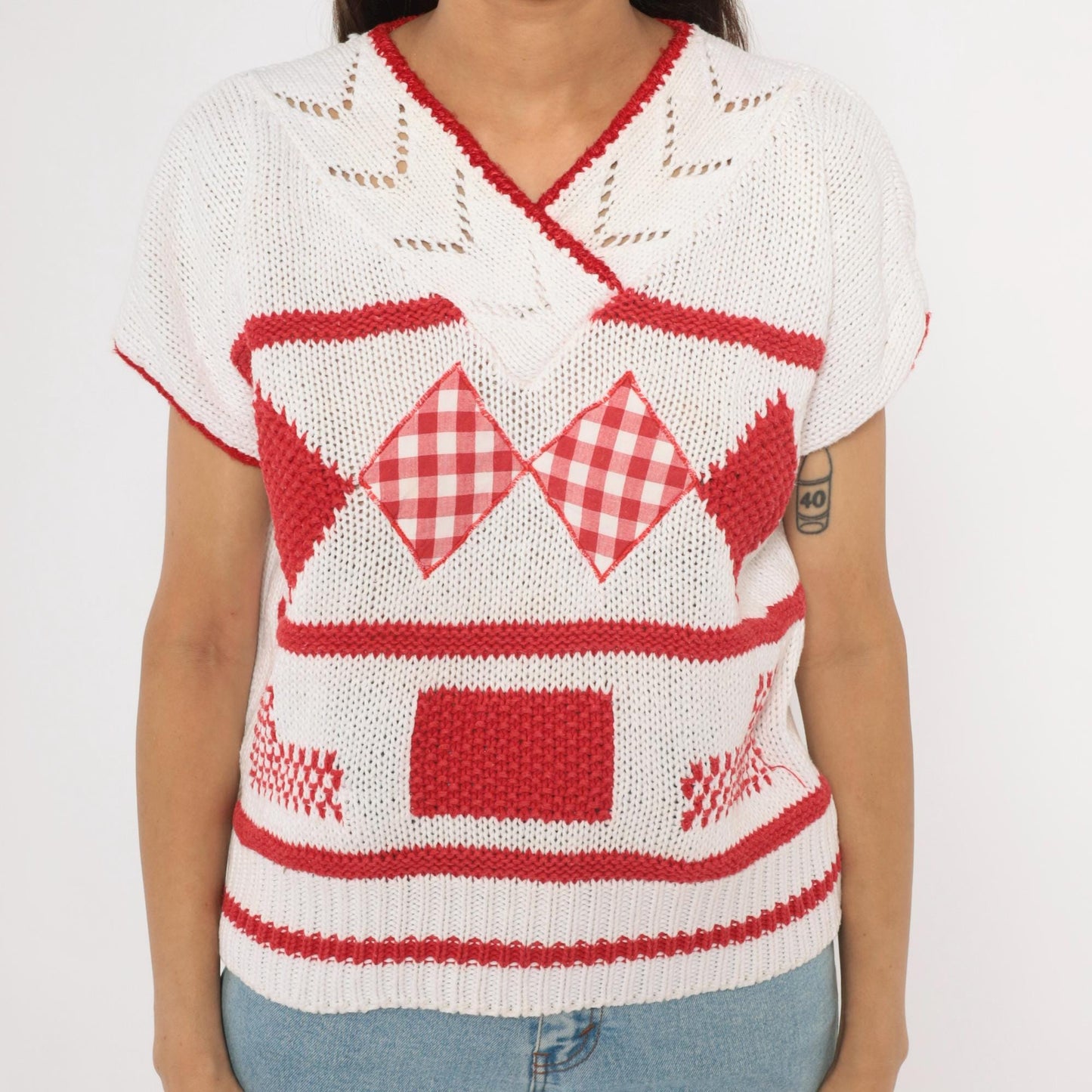 80s SML Sport Gingham Patchwork Knit Top White Red V-Neck Small