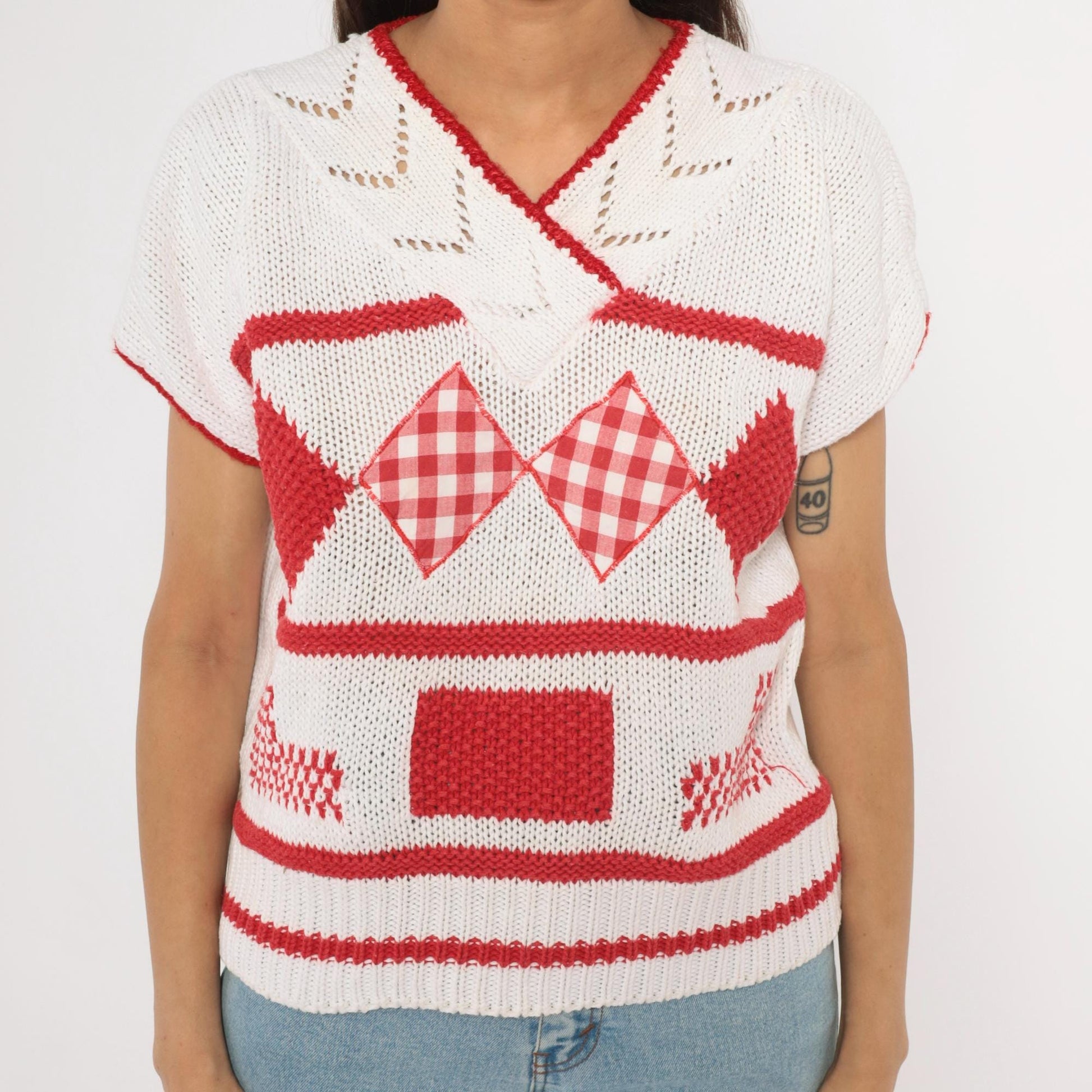 80s SML Sport Gingham Patchwork Knit Top White Red V-Neck Small