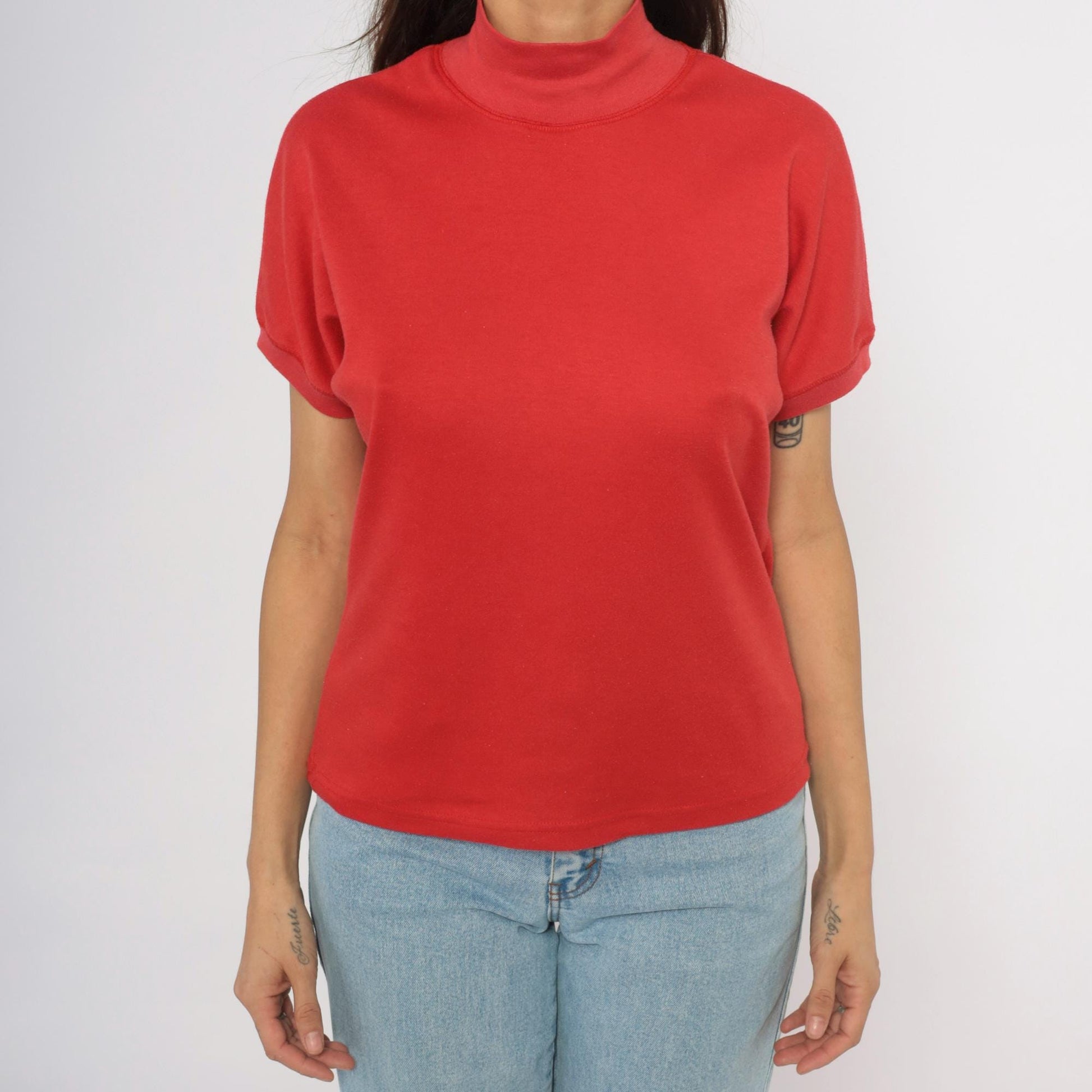 90s French Navy Red Mock Neck Cotton Tee Short Sleeve Medium M