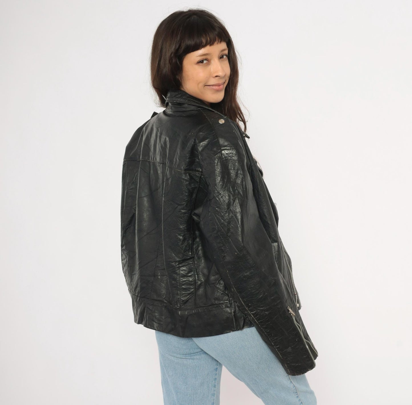 90s Black Leather Moto Jacket Asymmetrical Zip Biker Coat Medium M