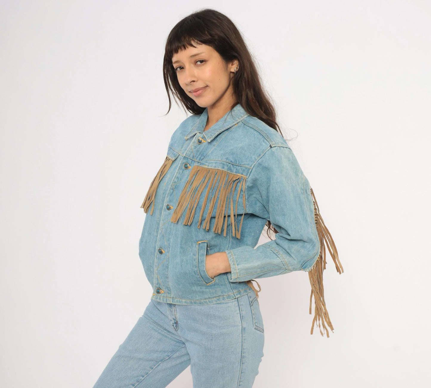 90s Morganwear Denim Jacket Suede Fringe Light Wash Lace-Up Back Medium M