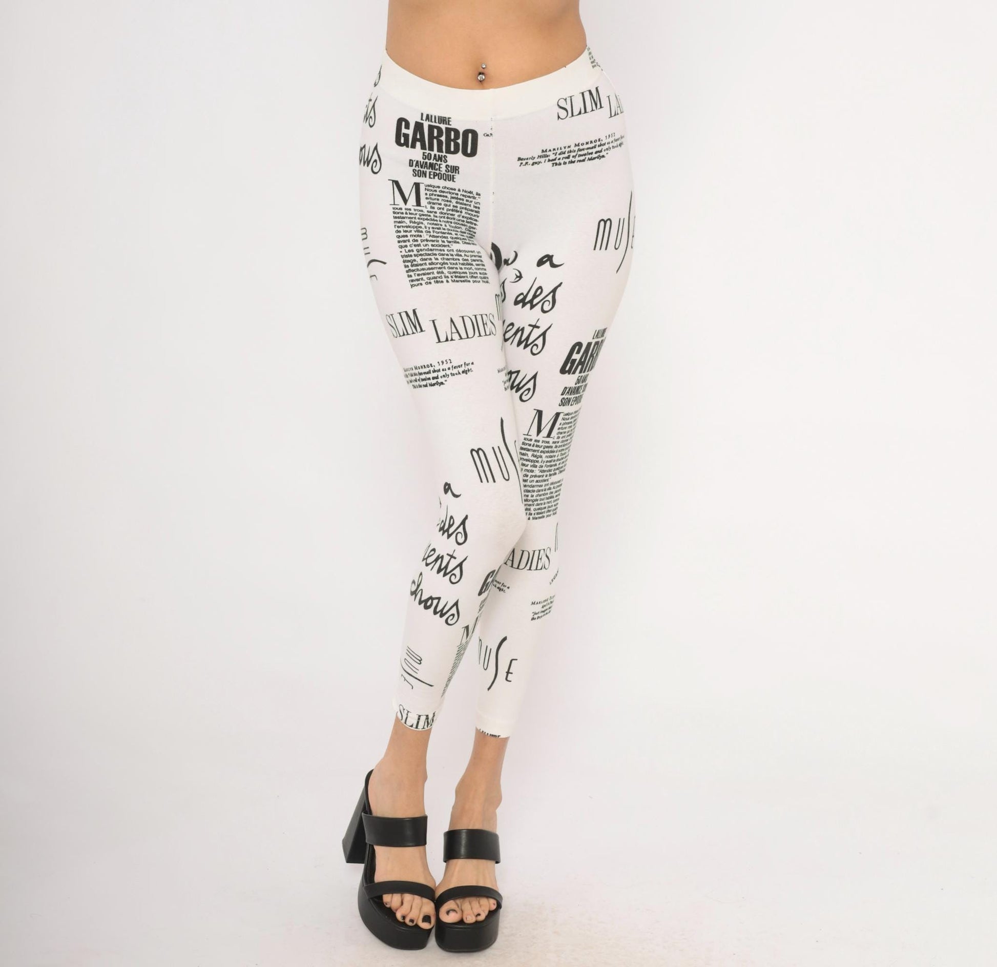 90s The Limited Newspaper Print Leggings Black White French Text XS