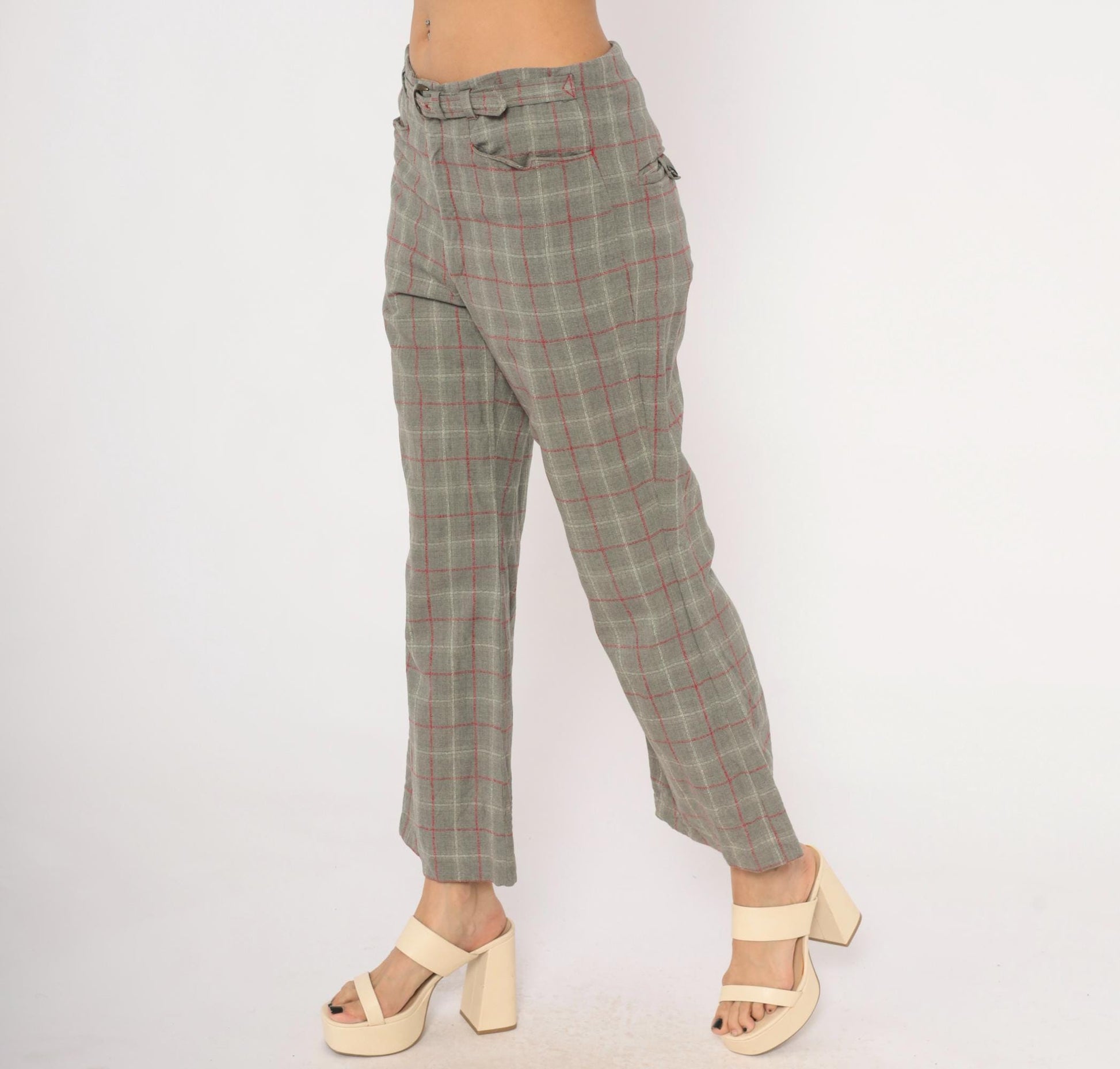 70s Grey Plaid Wool Blend Kick Flare Pants Red Windowpane Low Rise Medium M