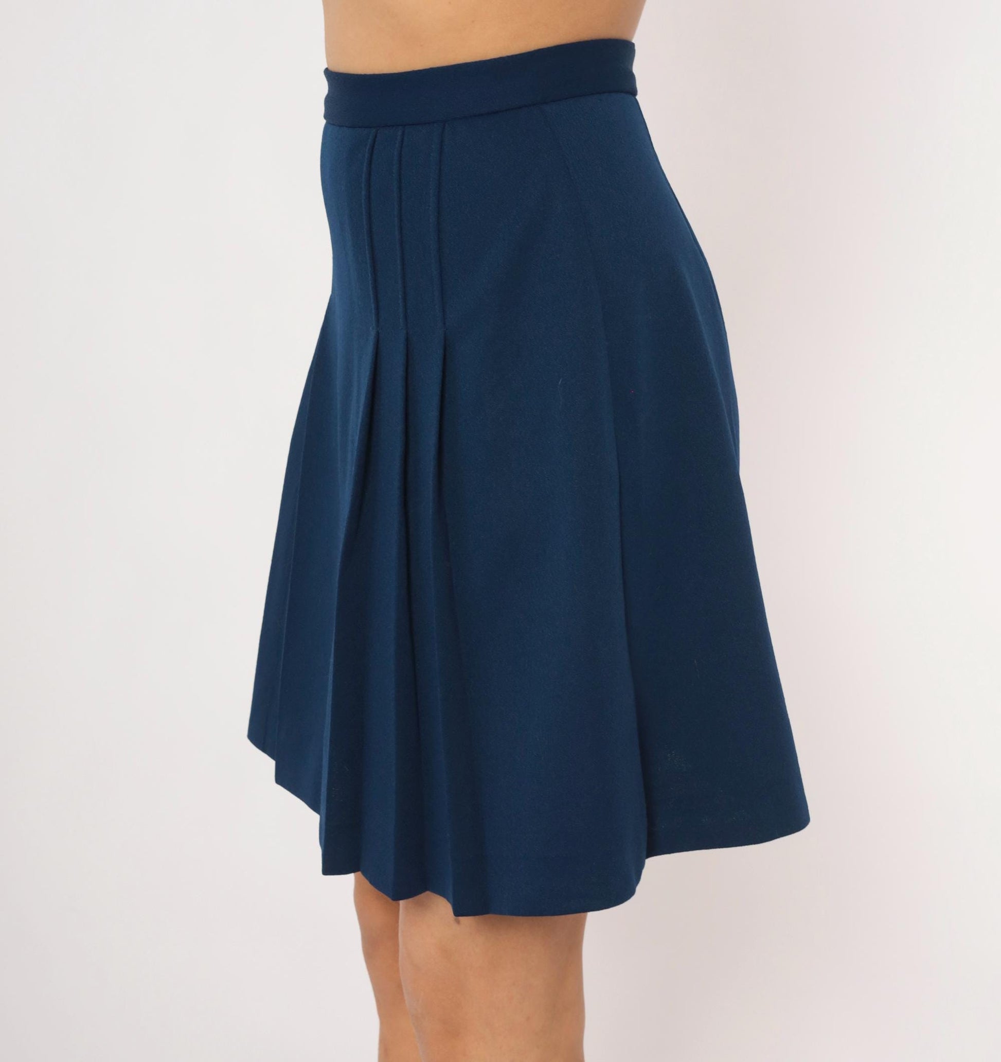 70s Navy Pleated A-Line Skirt High Waist Knee-Length Small