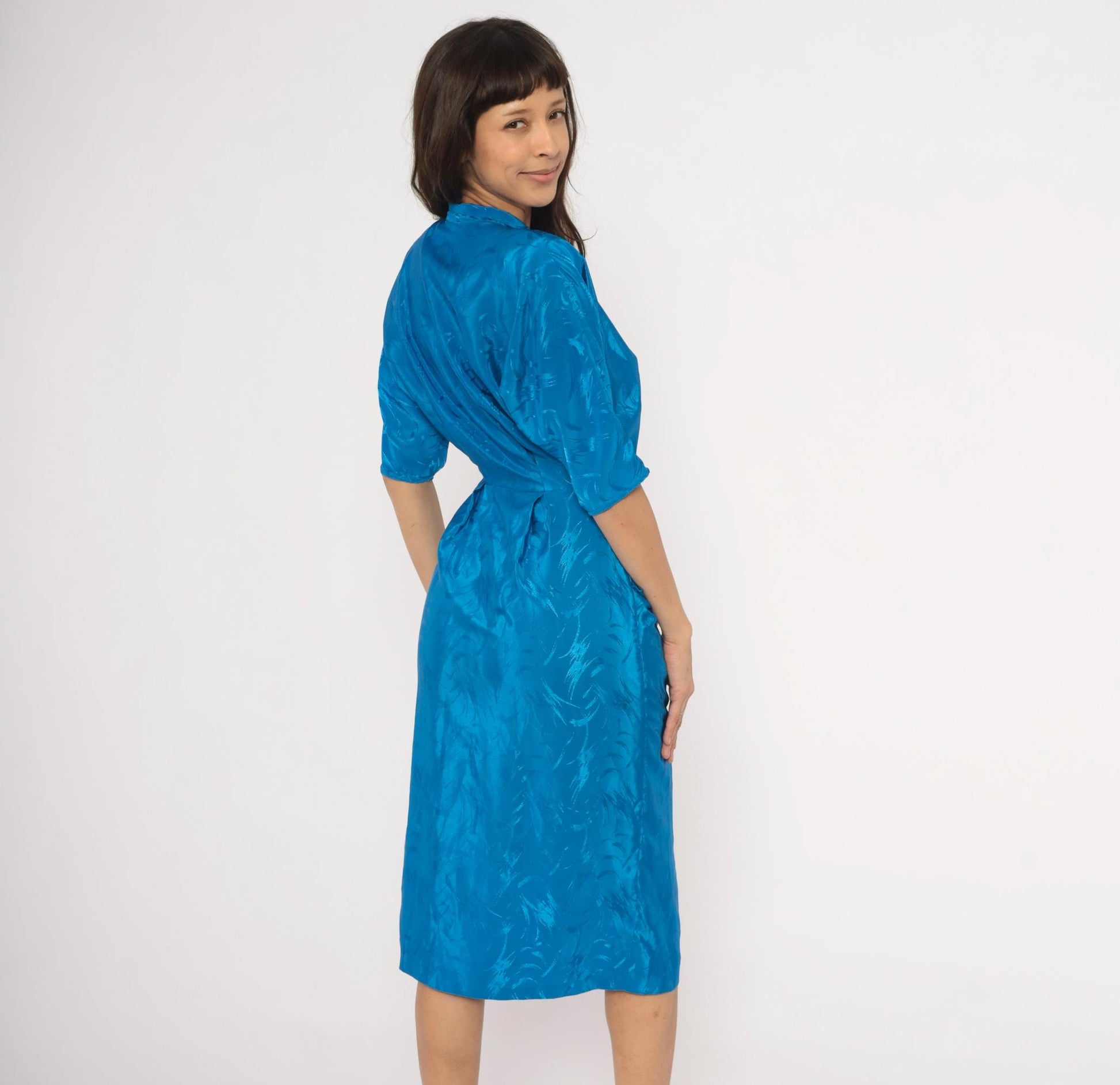 80s Joni Blair Cobalt Jacquard Shirtdress Midi Blue Half Sleeve Small S