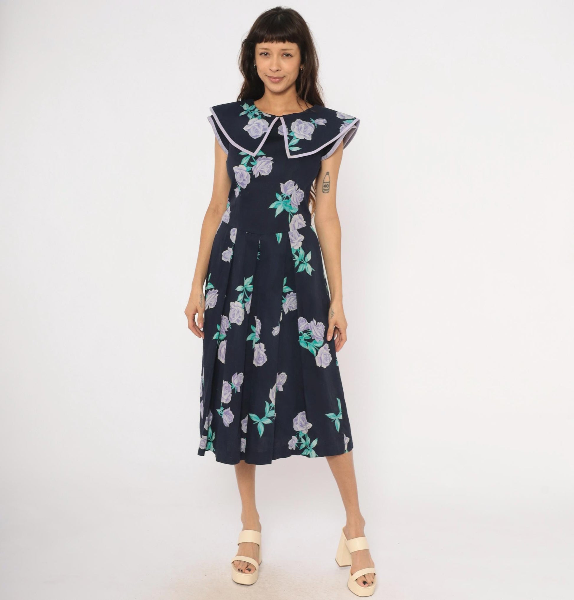 80s Kathryn Conover Floral Midi Dress Sailor Collar Cotton Purple Rose Extra Small XS