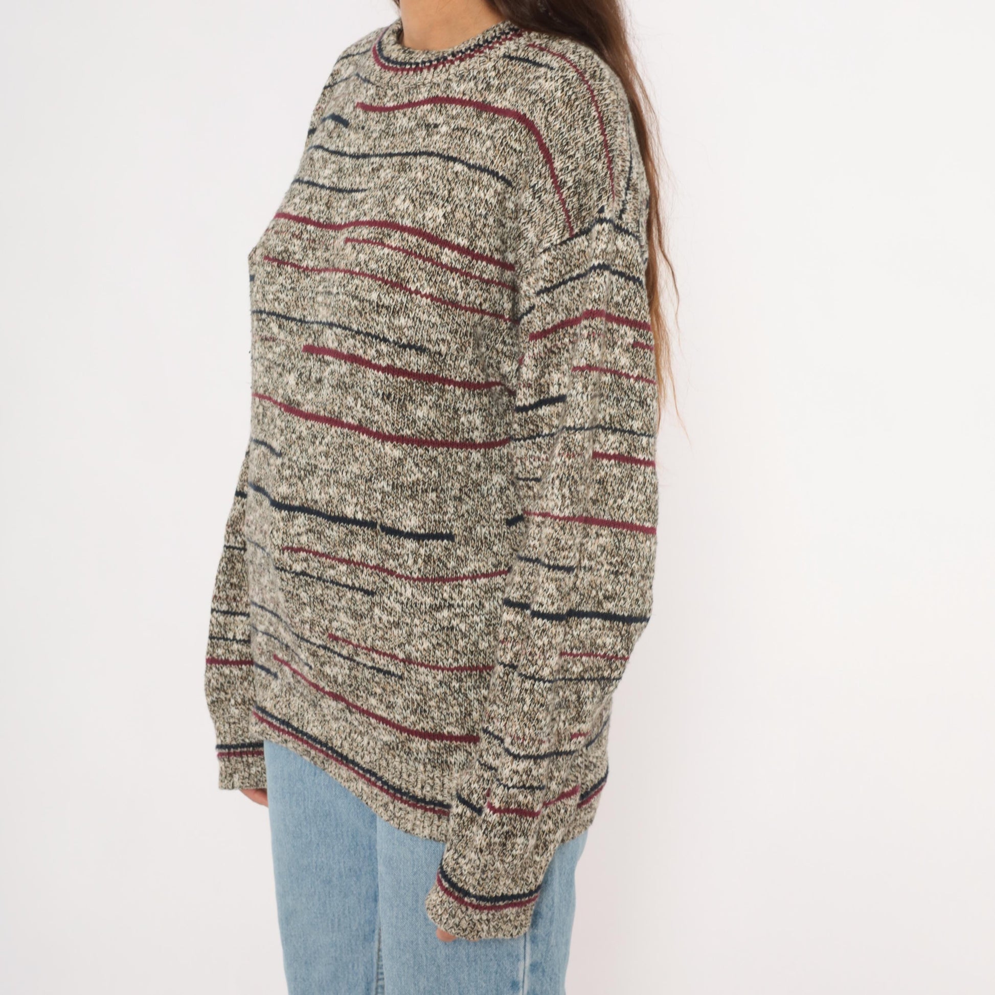 80s Bill Blass Marled Knit Striped Crewneck Pullover Burgundy Navy Grey Unisex Small