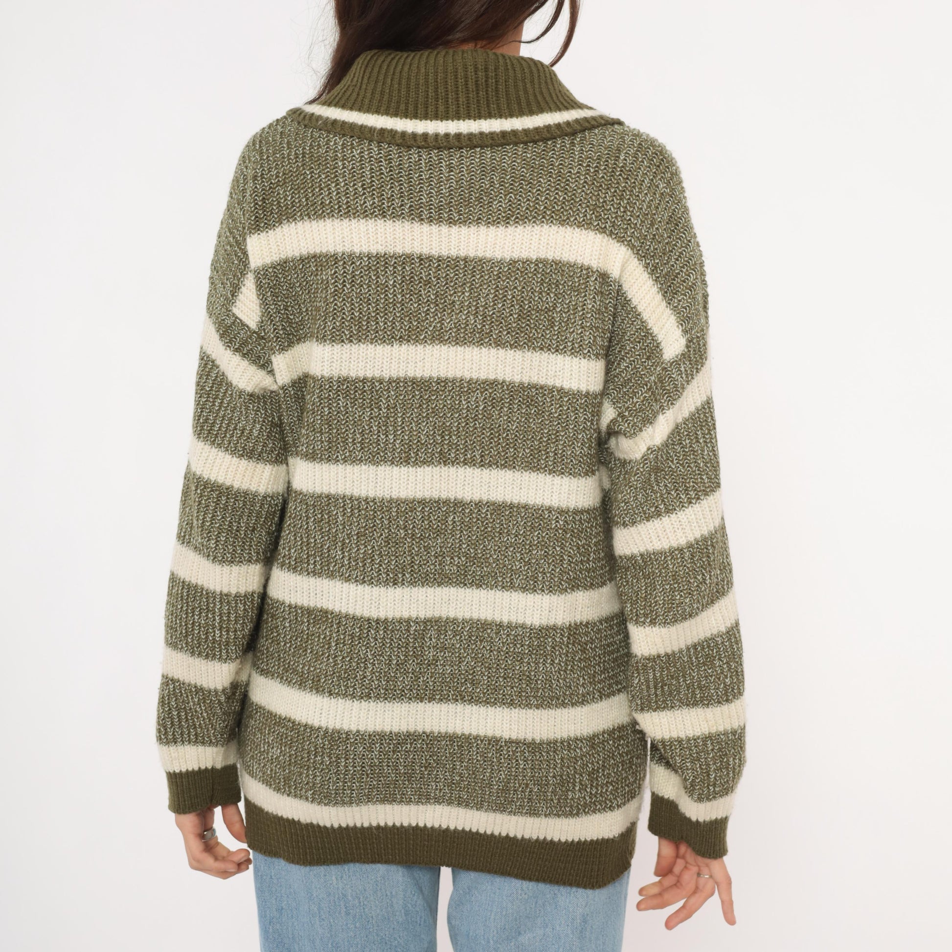 80s Olive Cream Striped Shawl Collar Sweater Knit Pullover Medium