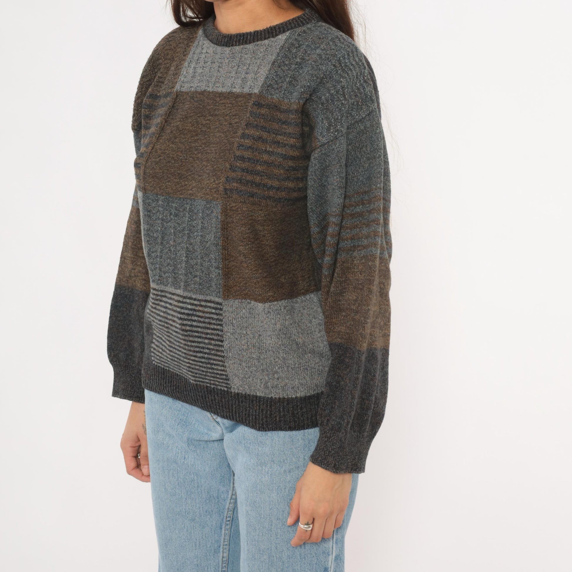 90s Bill Blass Patchwork Knit Sweater Brown Charcoal Colorblock Medium M