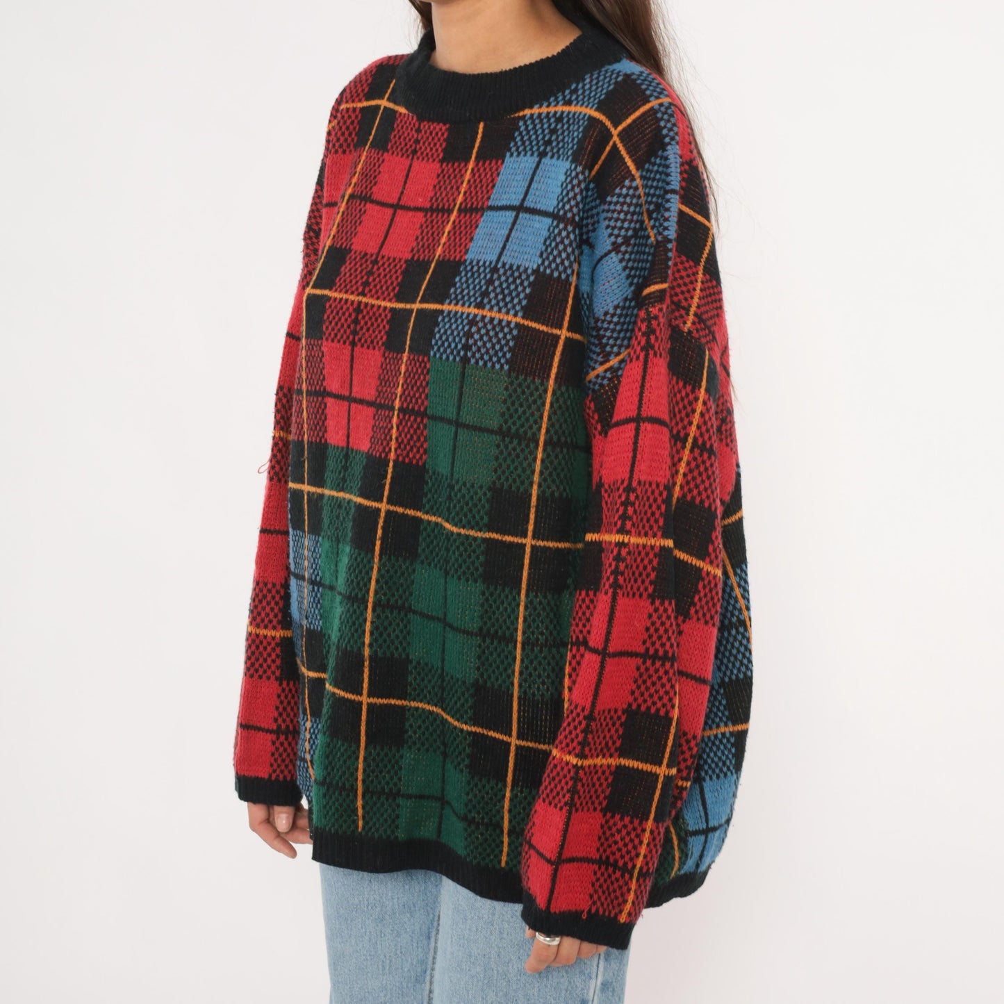 90s Venezia Plaid Knit Pullover Tartan Crewneck Multicolor Extra Large