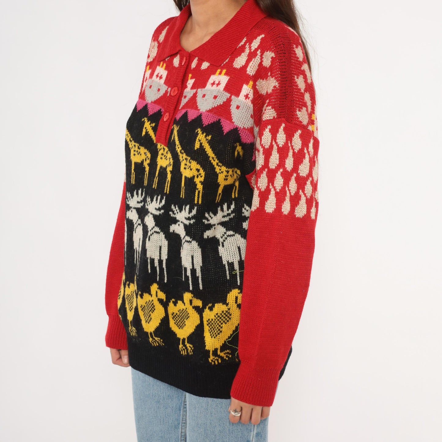 90s Animal Intarsia Knit Sweater Red Black Giraffe Moose Duck Collared Henley Medium M