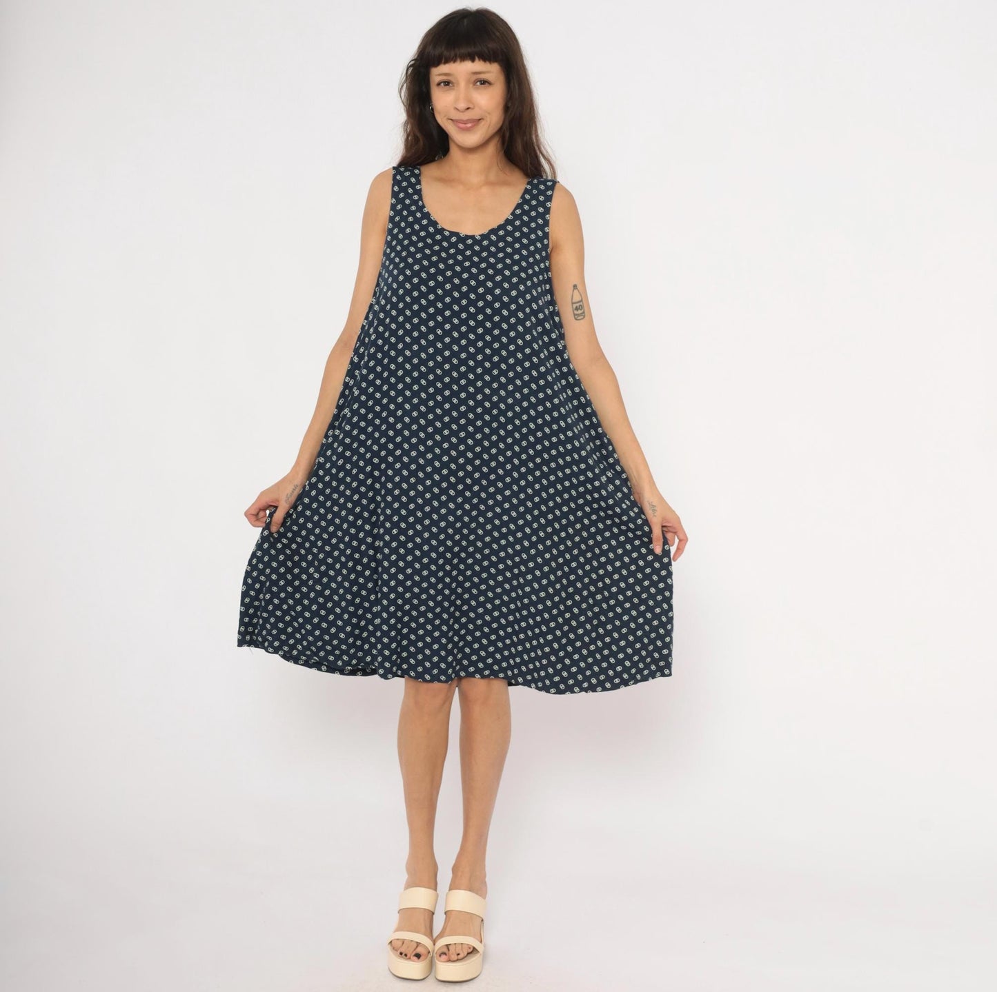 80s Steena Navy Sundress White Geometric Print Cotton Knee-Length Large L