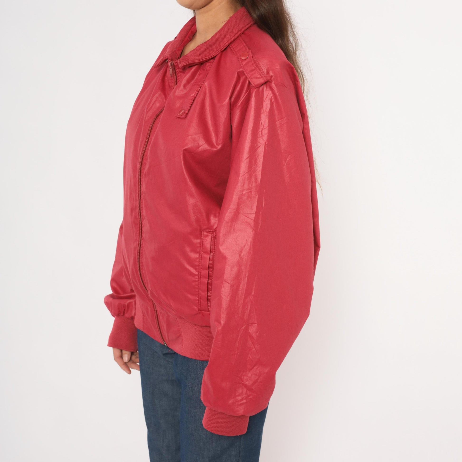 80s Raspberry Bomber Jacket Four Seasons Zip Front Windbreaker Shoulder Tabs Large L