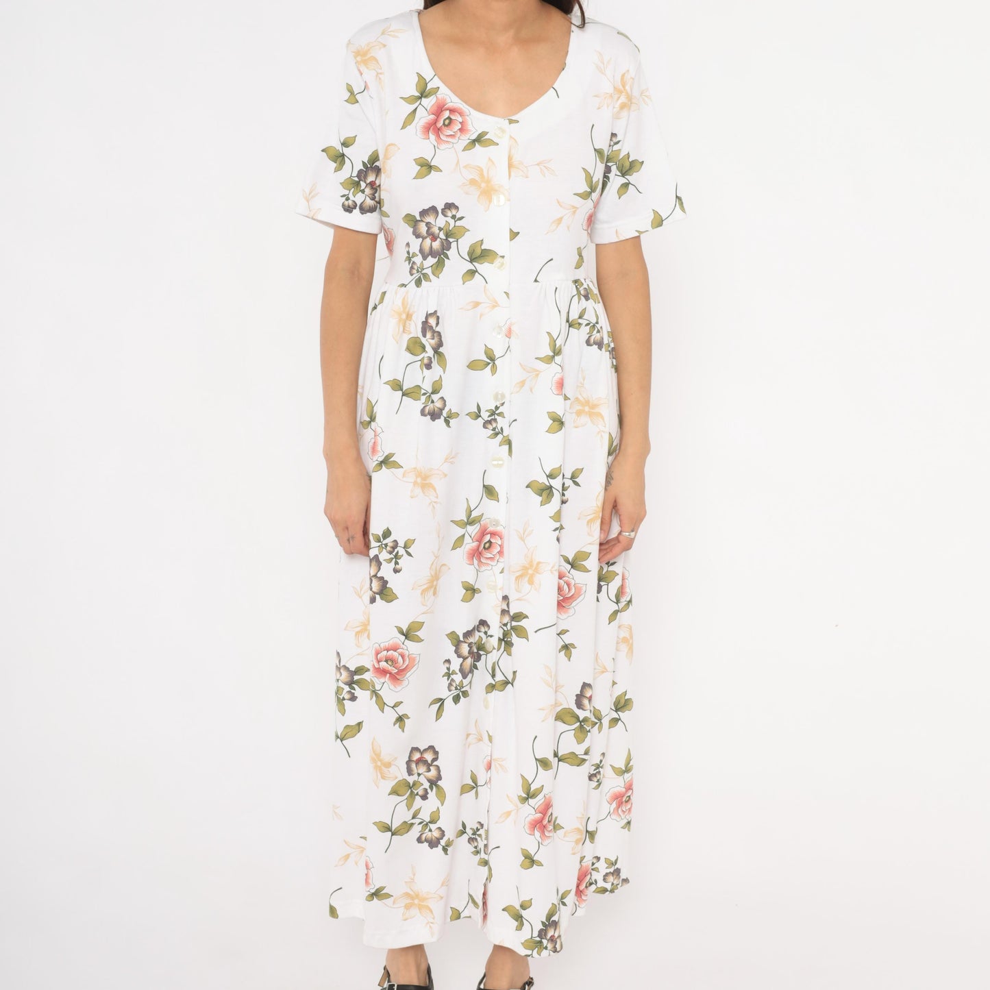 90s Bizzit Floral Maxi Dress White Pink Roses Short Sleeve Empire Waist Medium