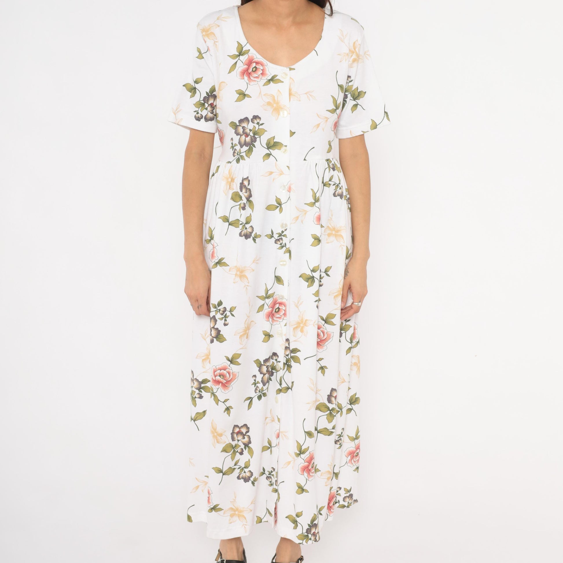 90s Bizzit Floral Maxi Dress White Pink Roses Short Sleeve Empire Waist Medium