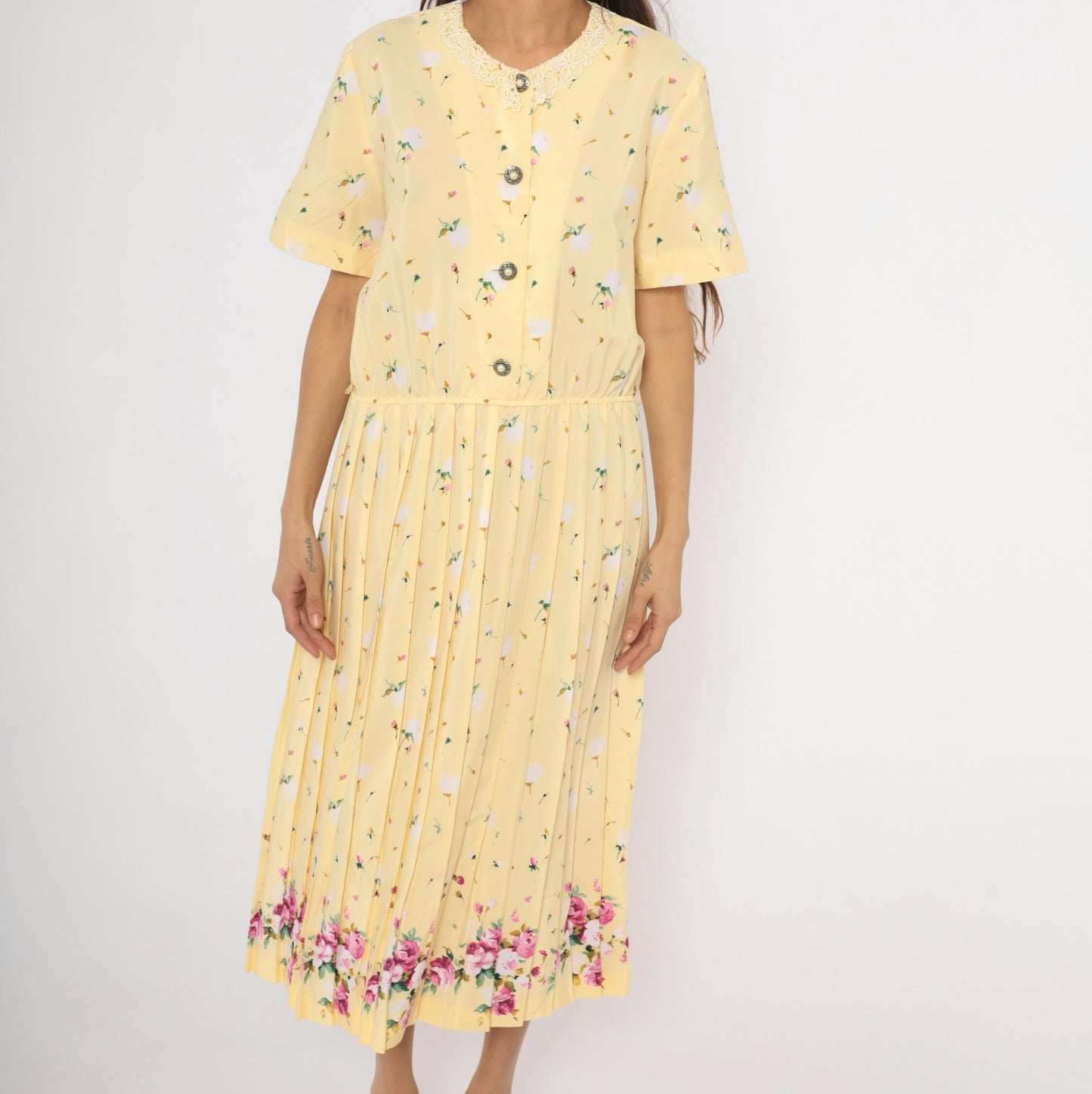 80s Leslie Fay Butter Yellow Floral Midi Dress Lace Collar Pleated Skirt Large L