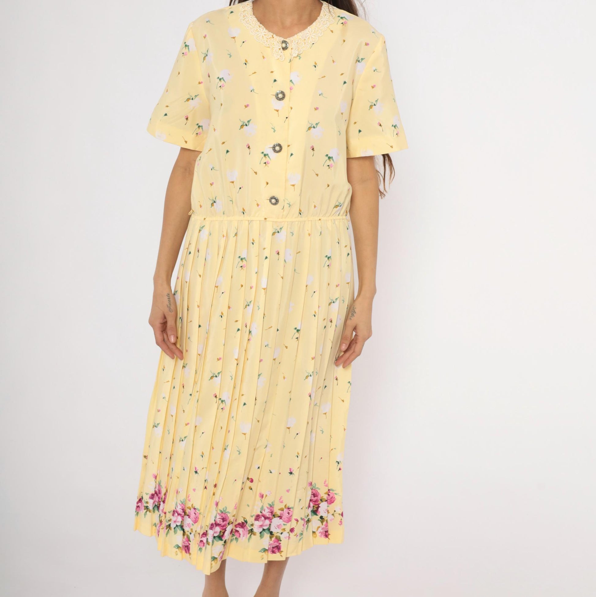 80s Leslie Fay Butter Yellow Floral Midi Dress Lace Collar Pleated Skirt Large L
