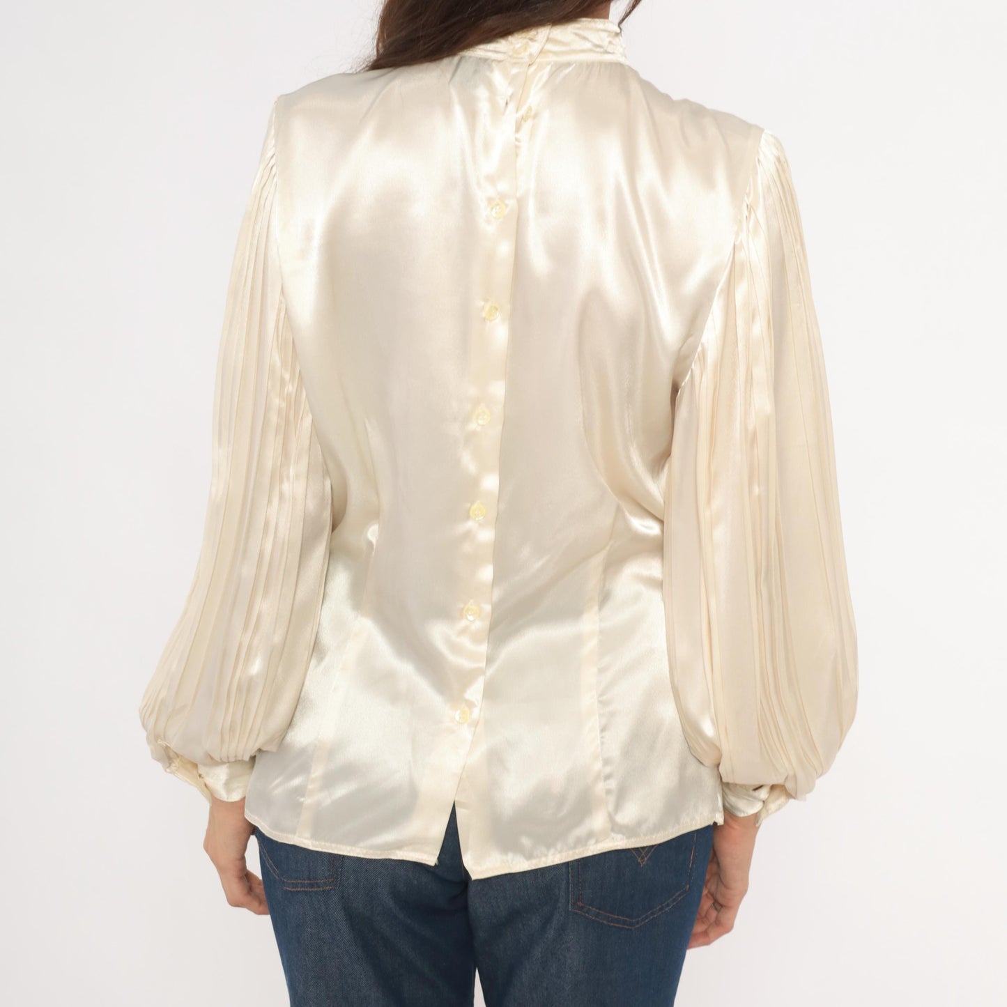80s Nilani Ivory Satin Blouse Peplum High Neck Bishop Sleeve Small
