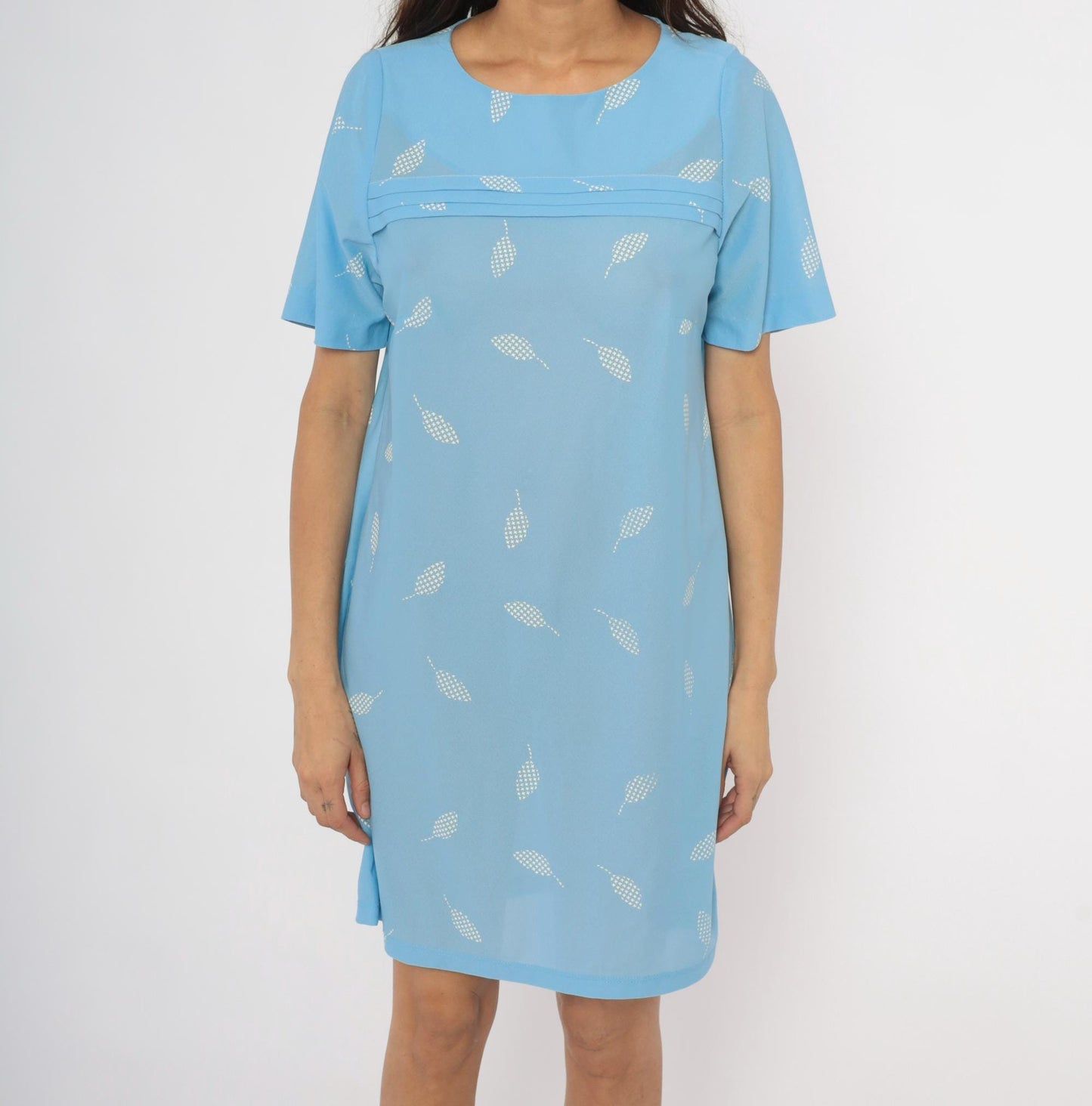 80s Sky Blue Leaf Shift Dress White Scattered Pattern Pintuck Medium