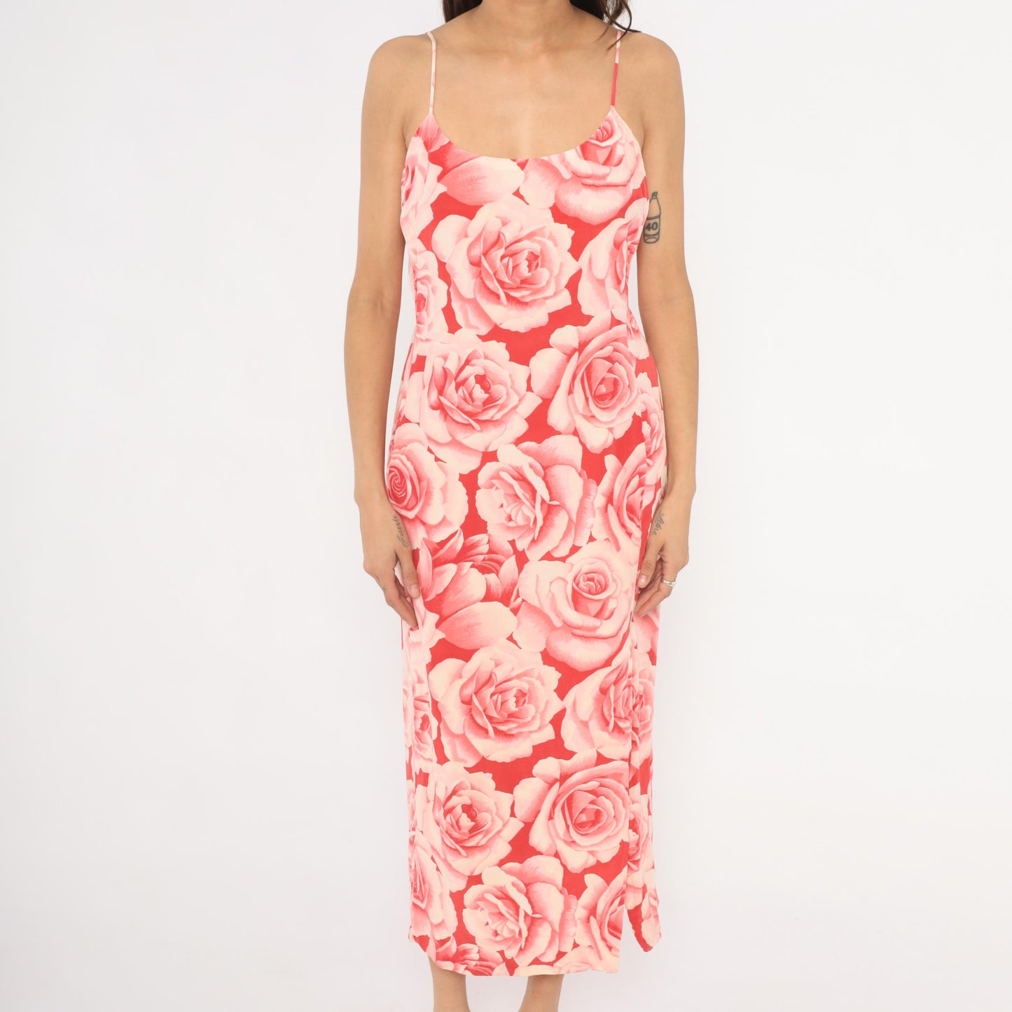 Y2K Neiman Marcus Silk Rose Print Slip Dress Pink Red Midi Slit Small S