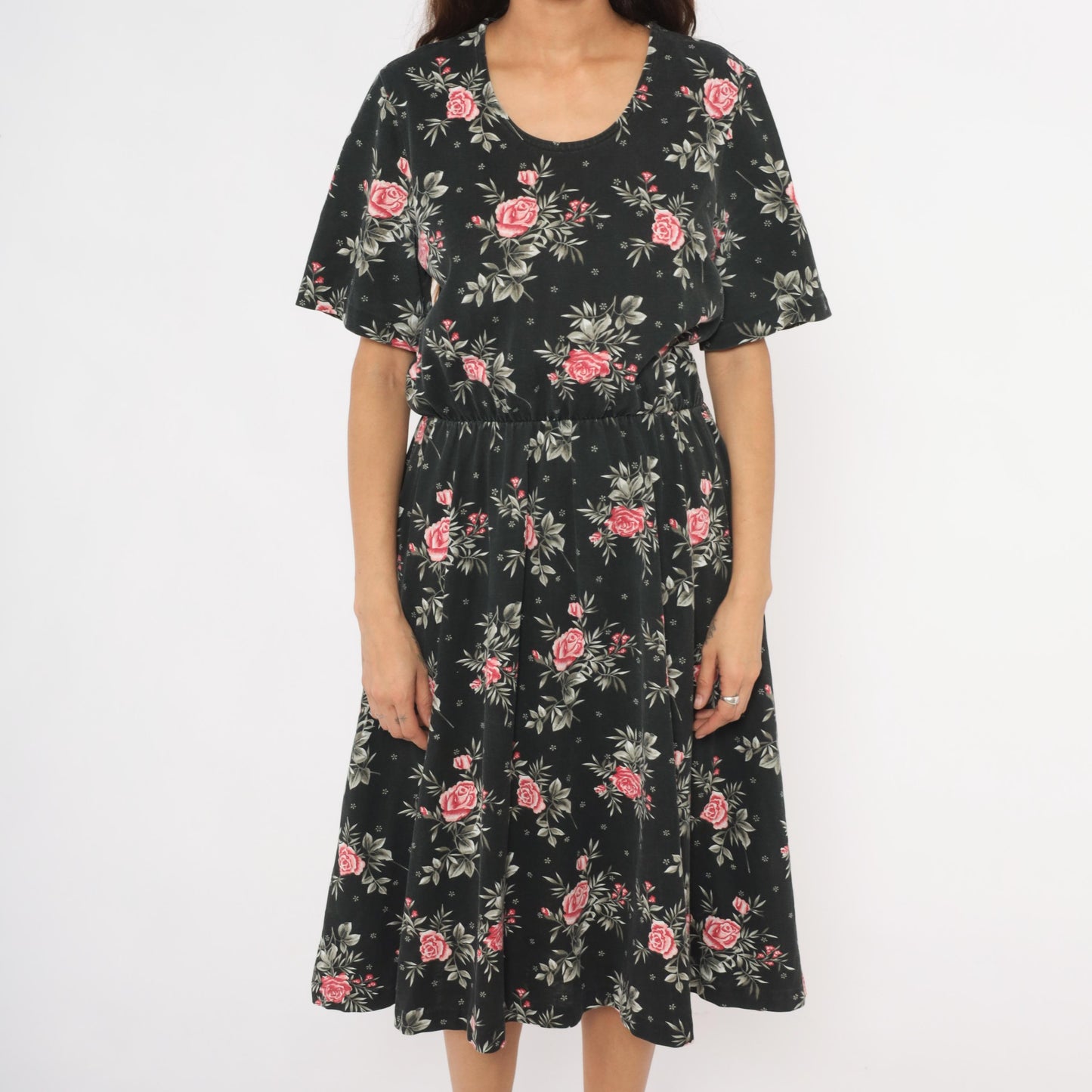 90s Black Midi Dress Pink Rose Floral Print Elastic Waist Cotton Medium M