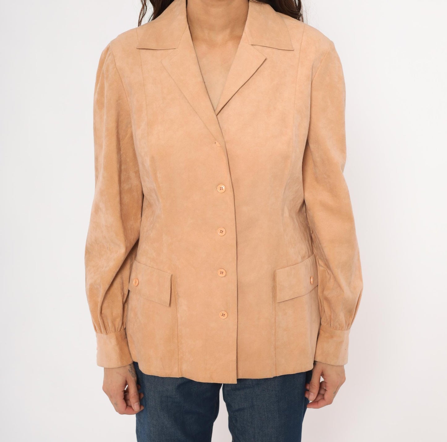 80s Mollie Parnis Tan Suede Blazer Patch Pocket Gathered Cuff Medium M