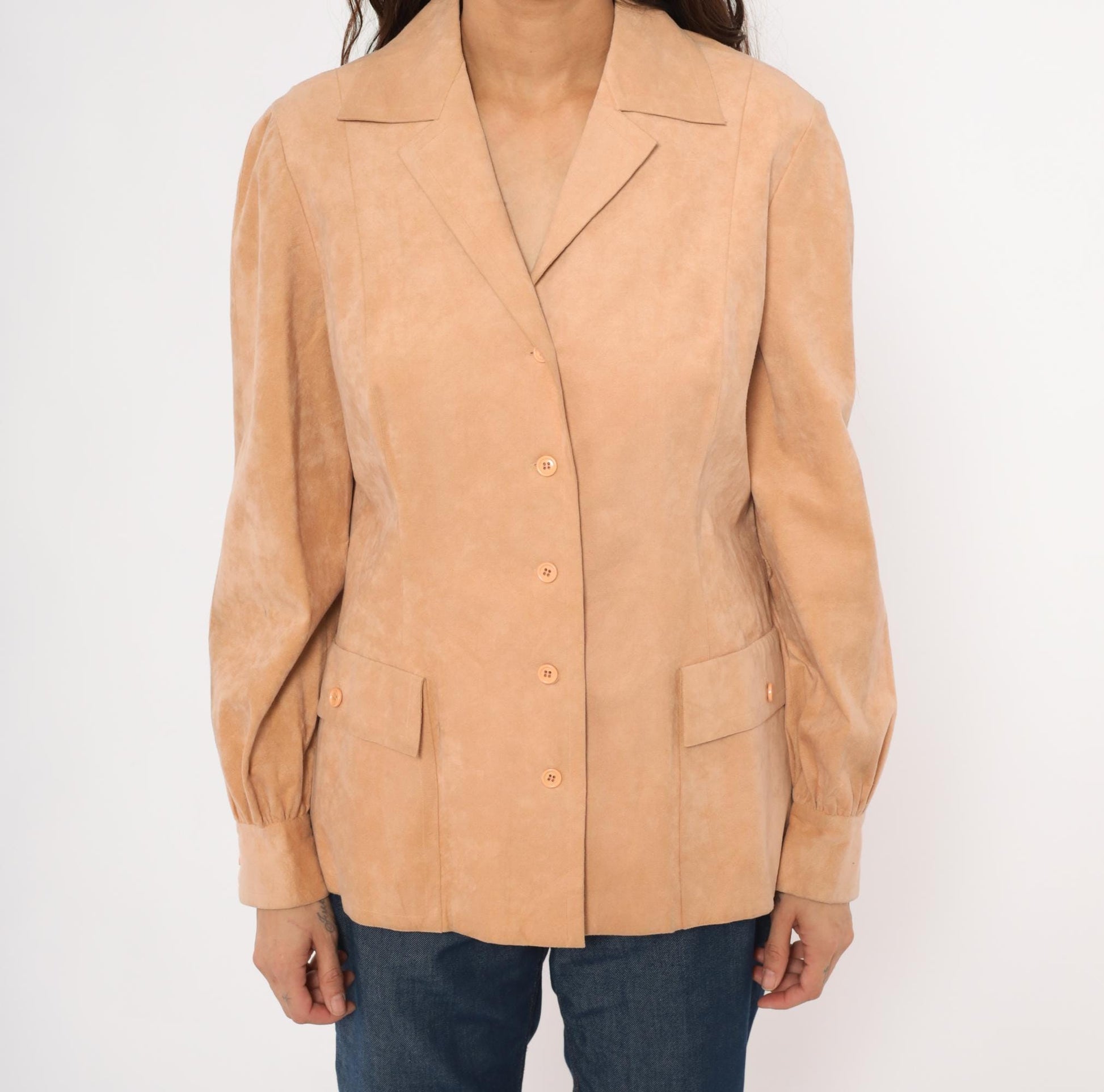 80s Mollie Parnis Tan Suede Blazer Patch Pocket Gathered Cuff Medium M