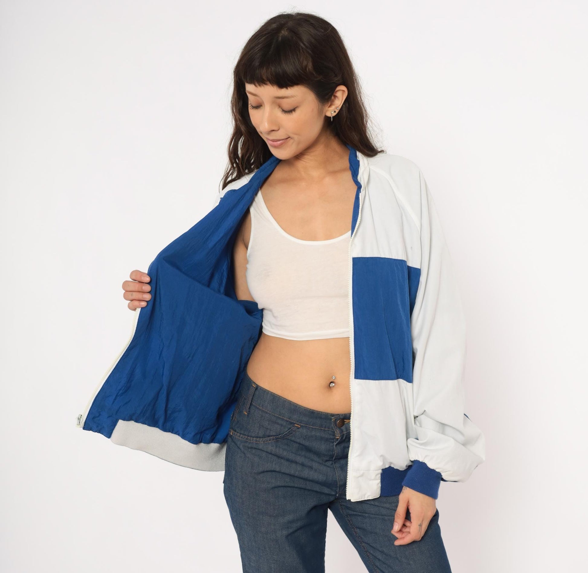 80s Sasson Reversible Windbreaker Blue White Colorblock Raglan Jacket Large