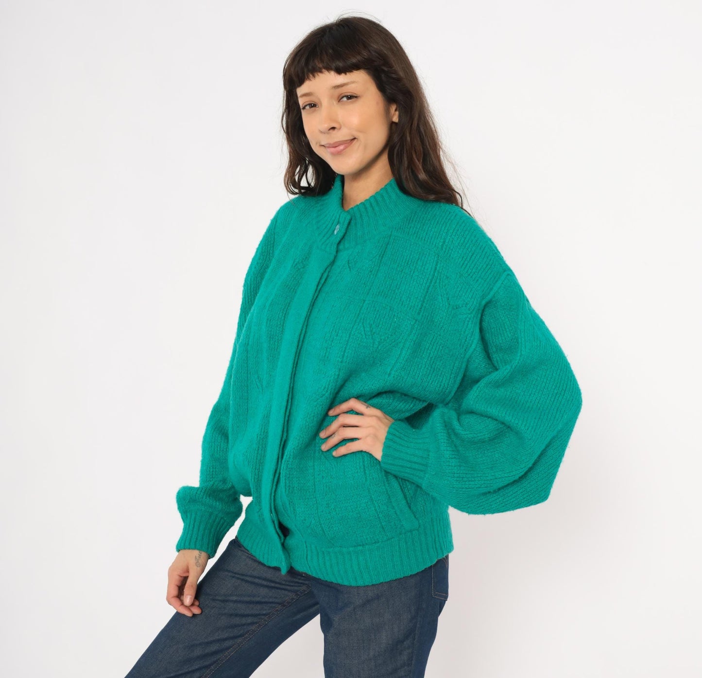 90s Astri Teal Mohair Cardigan Leaf Cable Knit Bomber Medium M