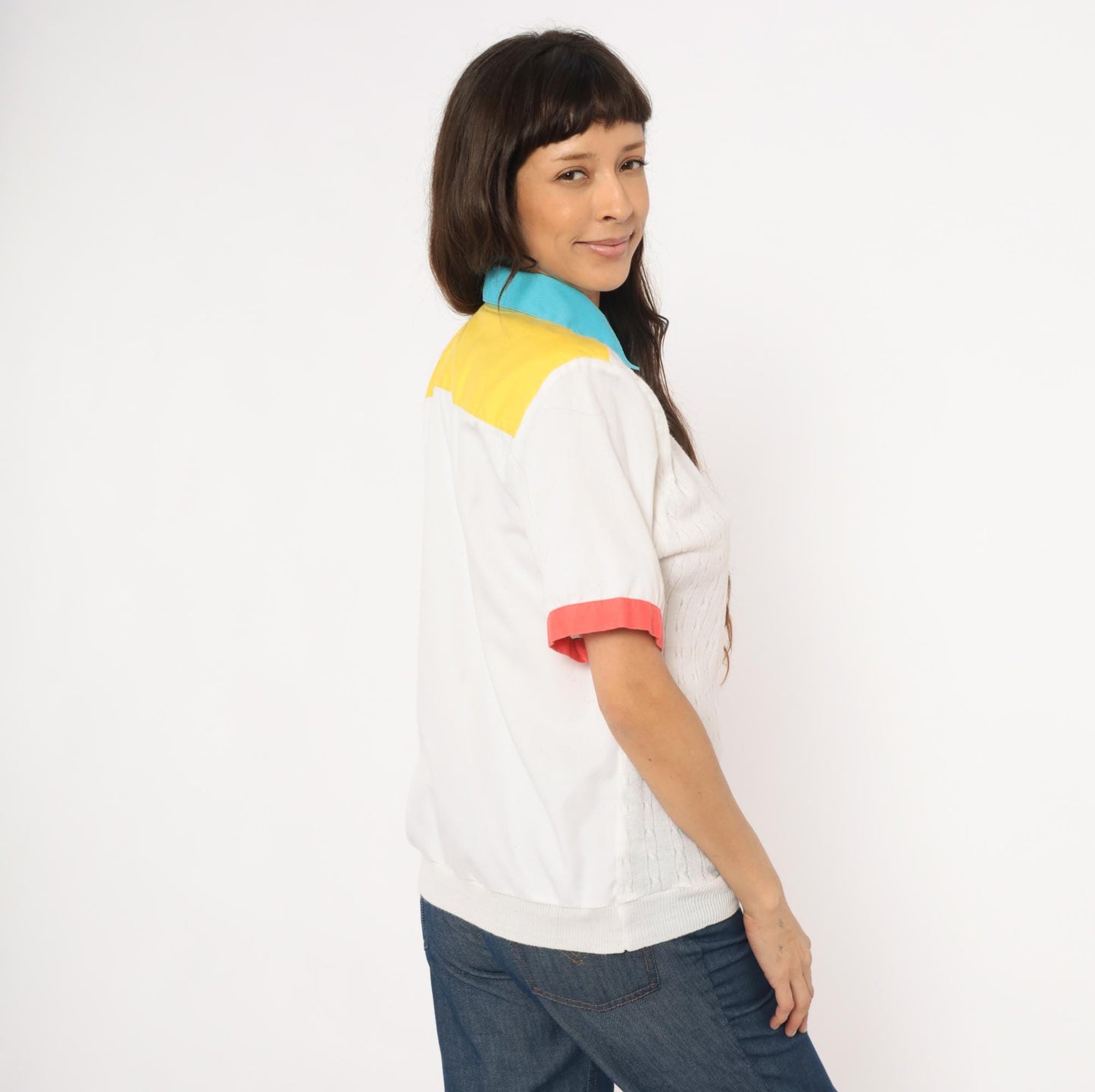 80s Joyce Colorblock Cable Knit Polo Embroidered Multicolor Medium