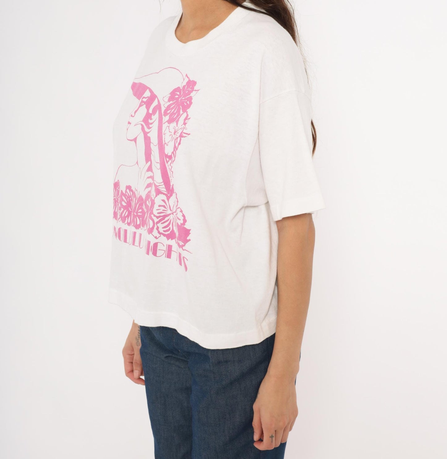 90s Honolulu Nights Fruit of the Loom Crop Tee White Pink Hibiscus Medium Large