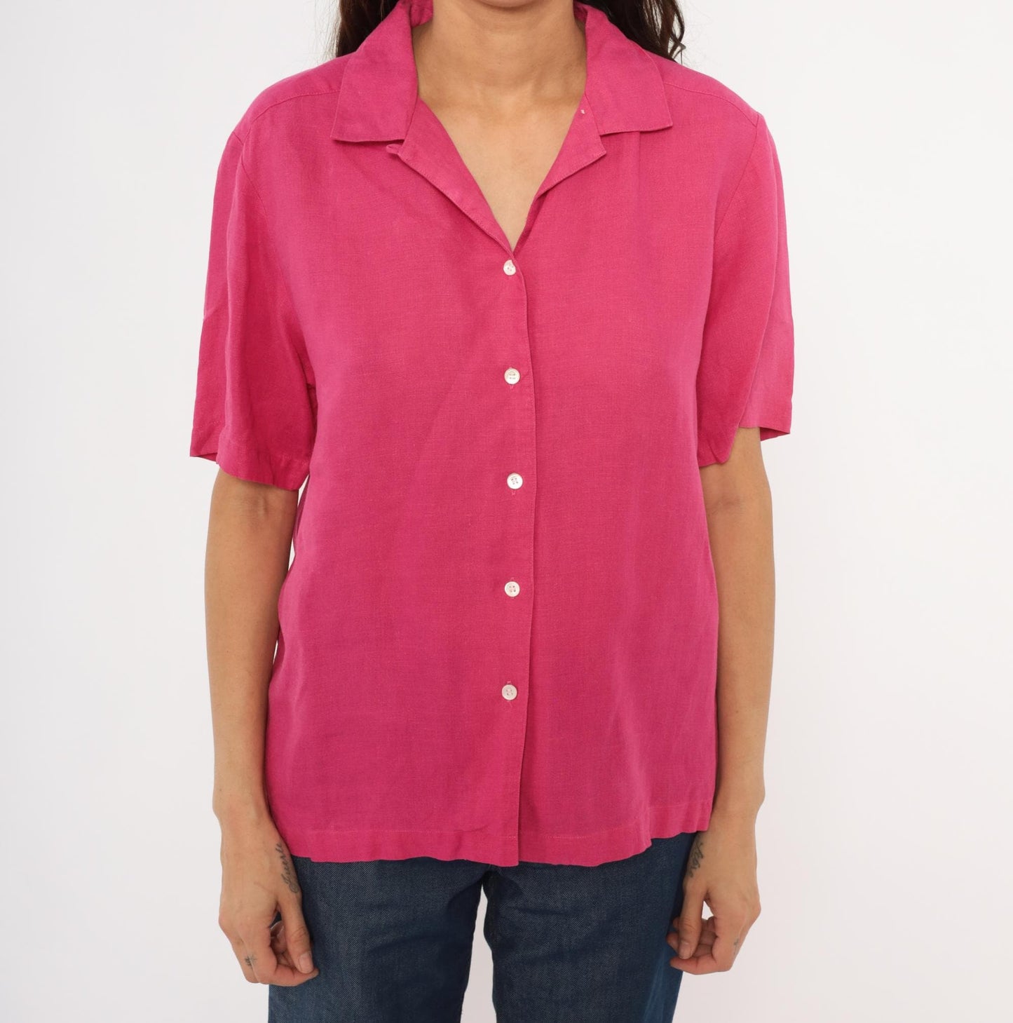 80s Brooks Brothers Fuchsia Linen Camp Collar Shirt Button Front Medium M