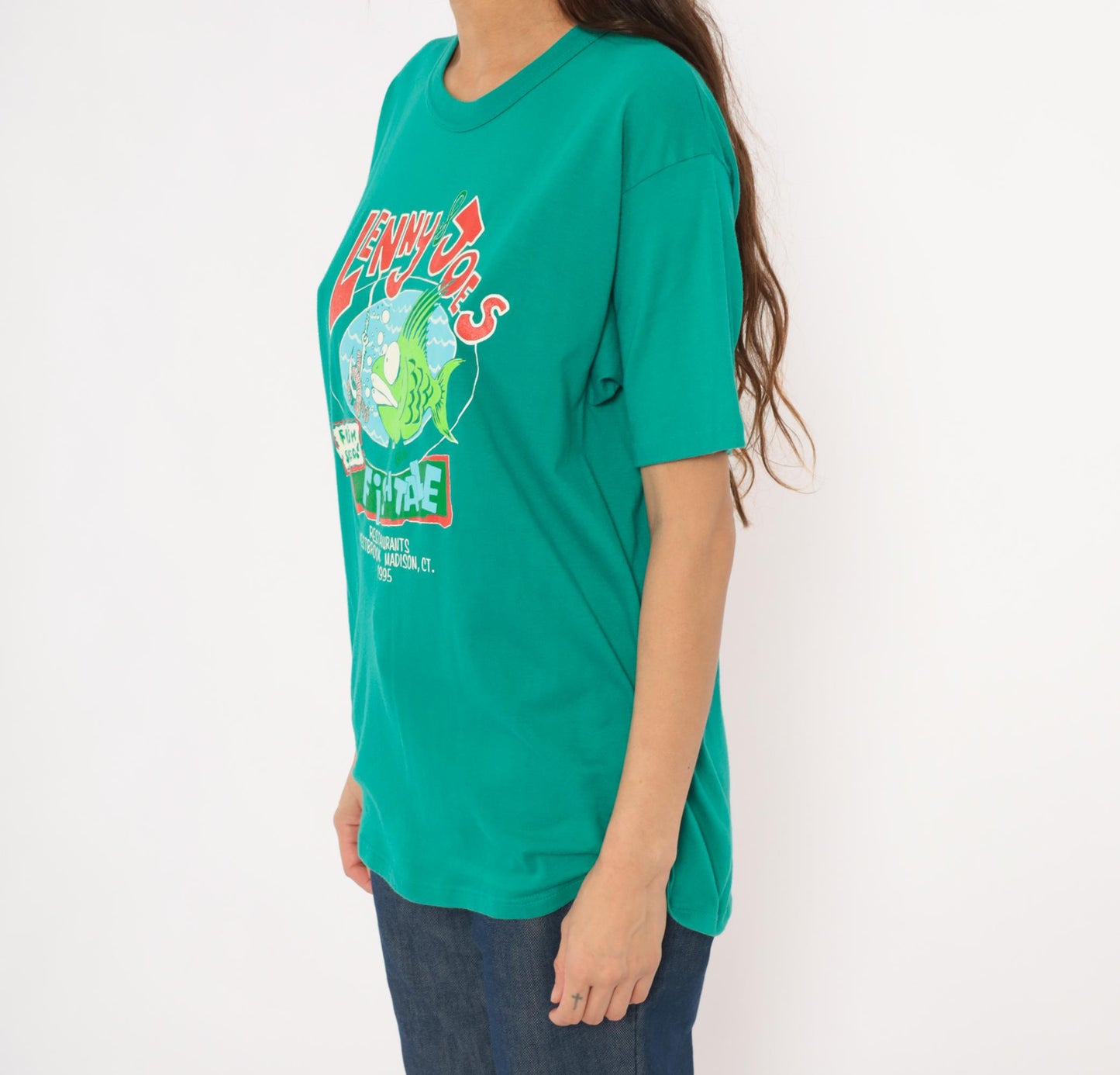 90s Lenny & Joe's Fish Tale Teal Graphic Tee Cotton Cartoon Fish Large L