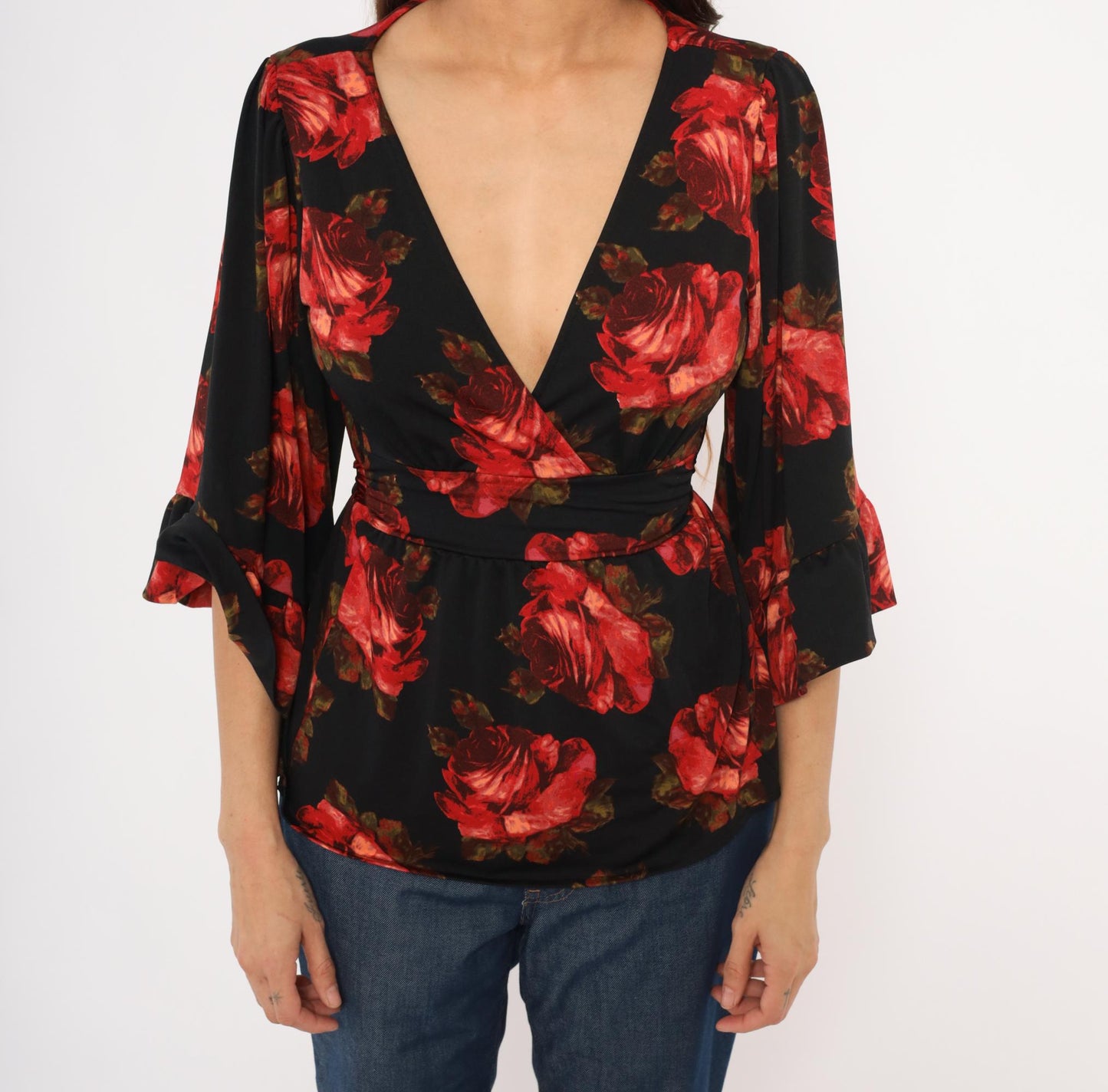 Betsey Johnson 2000s Rose Print Wrap Top Black Bell Sleeve Peplum Small