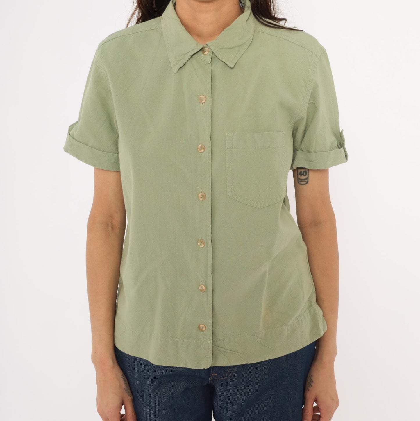 90s Erika & Co Olive Cotton Camp Collar Shirt Sage Green Rolled Sleeve Small