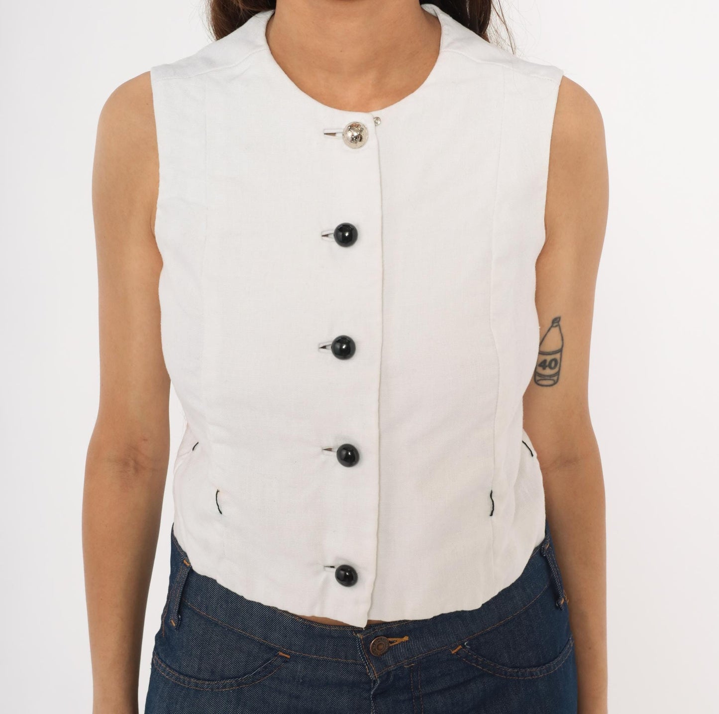 60s Rembrandt Linen Vest White Button Front Sleeveless Crop Top Extra Small XS