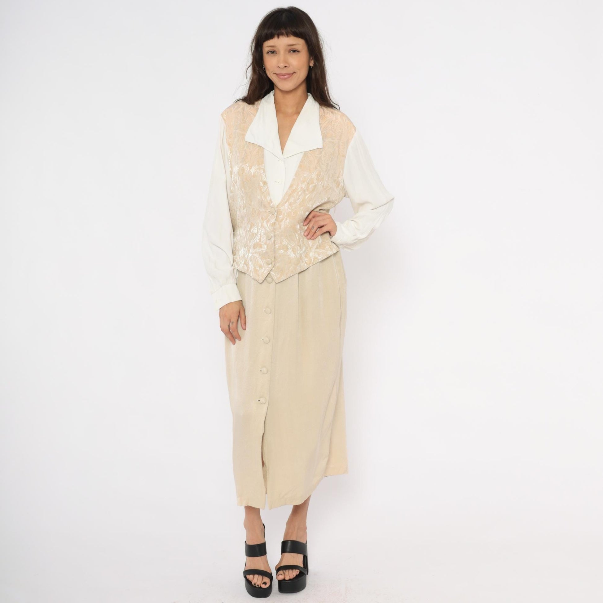 80s Miss Scarlett Jacquard Vest Midi Dress Ivory Collar Cream Sleeves Large L