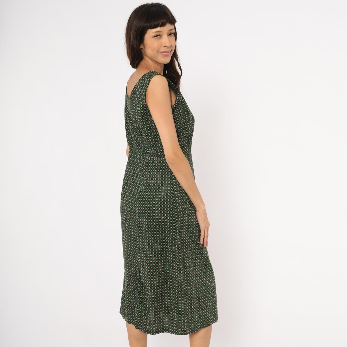 60s Heart Floral Cotton Dress Sweetheart Neckline Pencil Skirt Forest Green Large L