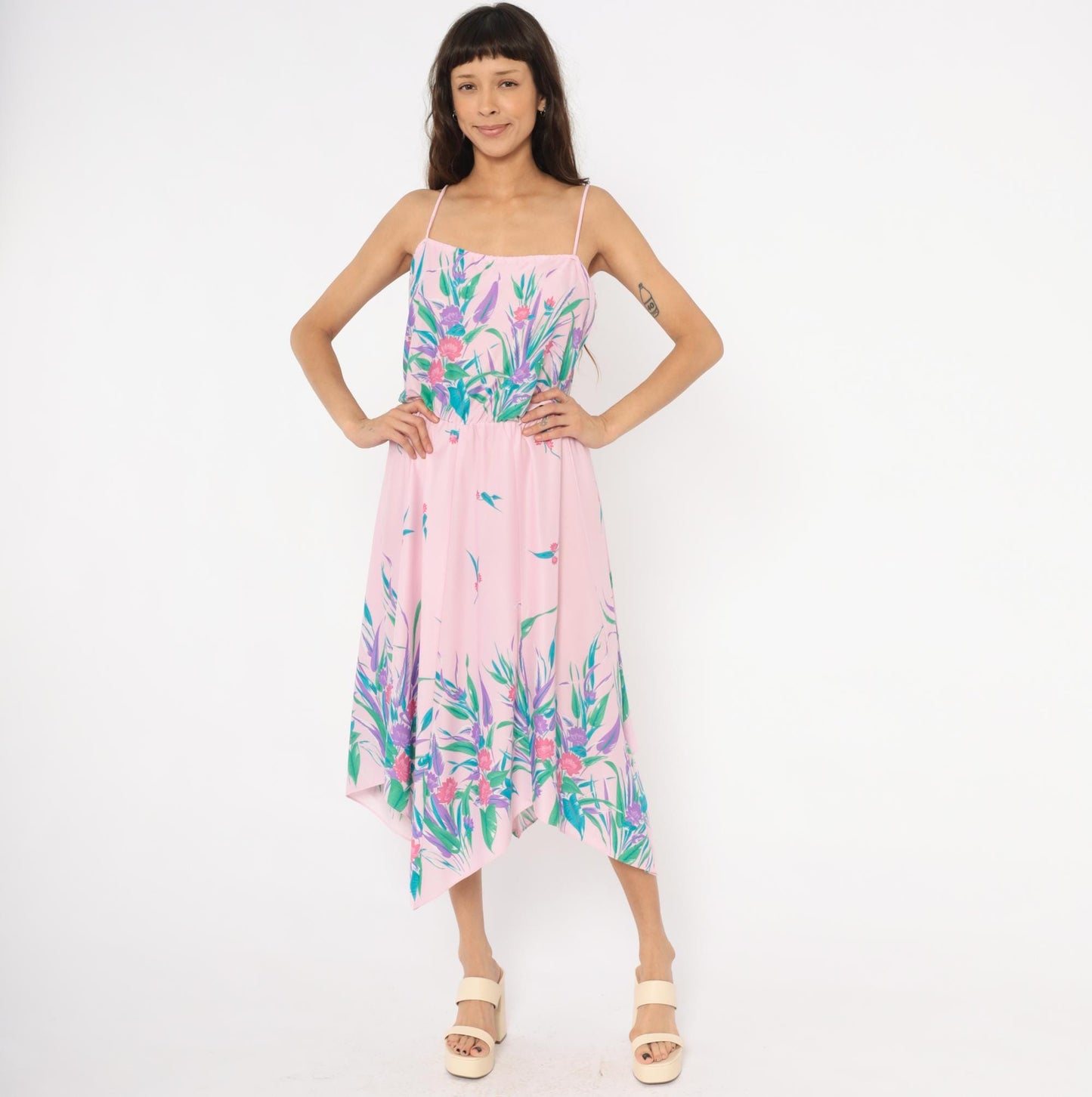 70s Floral Sundress Pink Purple Tropical Print Handkerchief Hem Medium