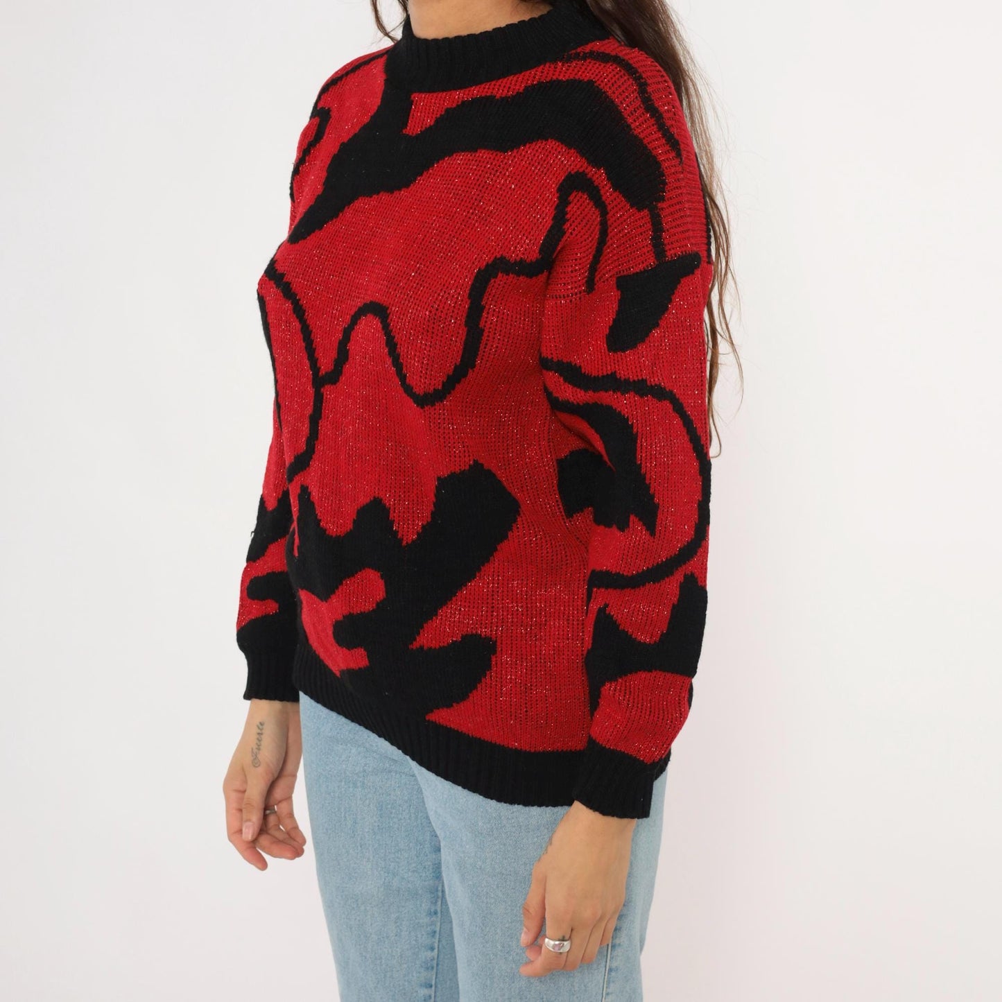 90s Rose Red Black Abstract Knit Pullover Shimmer Sweater Medium M