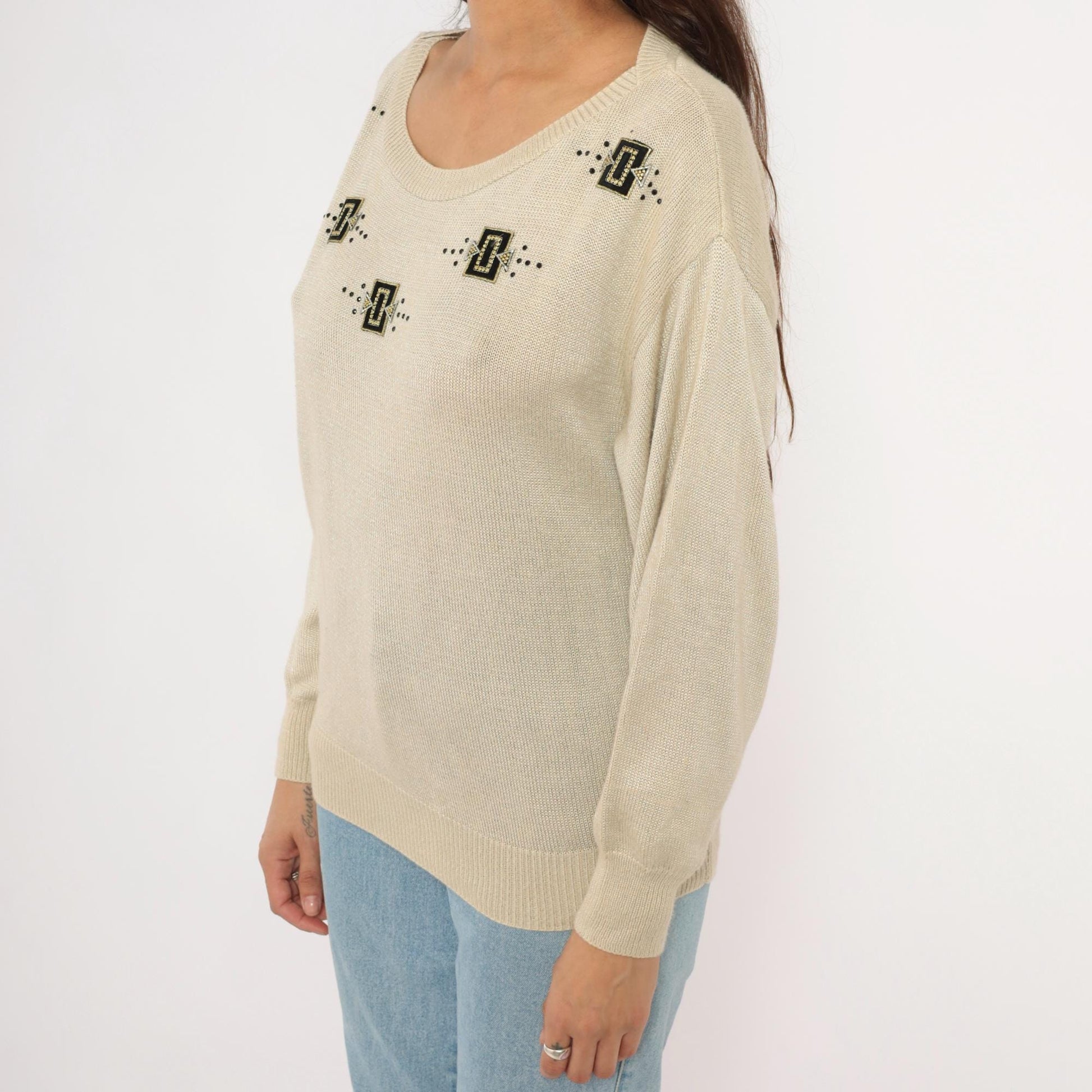80s Fern Wagner Tan Knit Sweater Beaded Geometric Applique Small