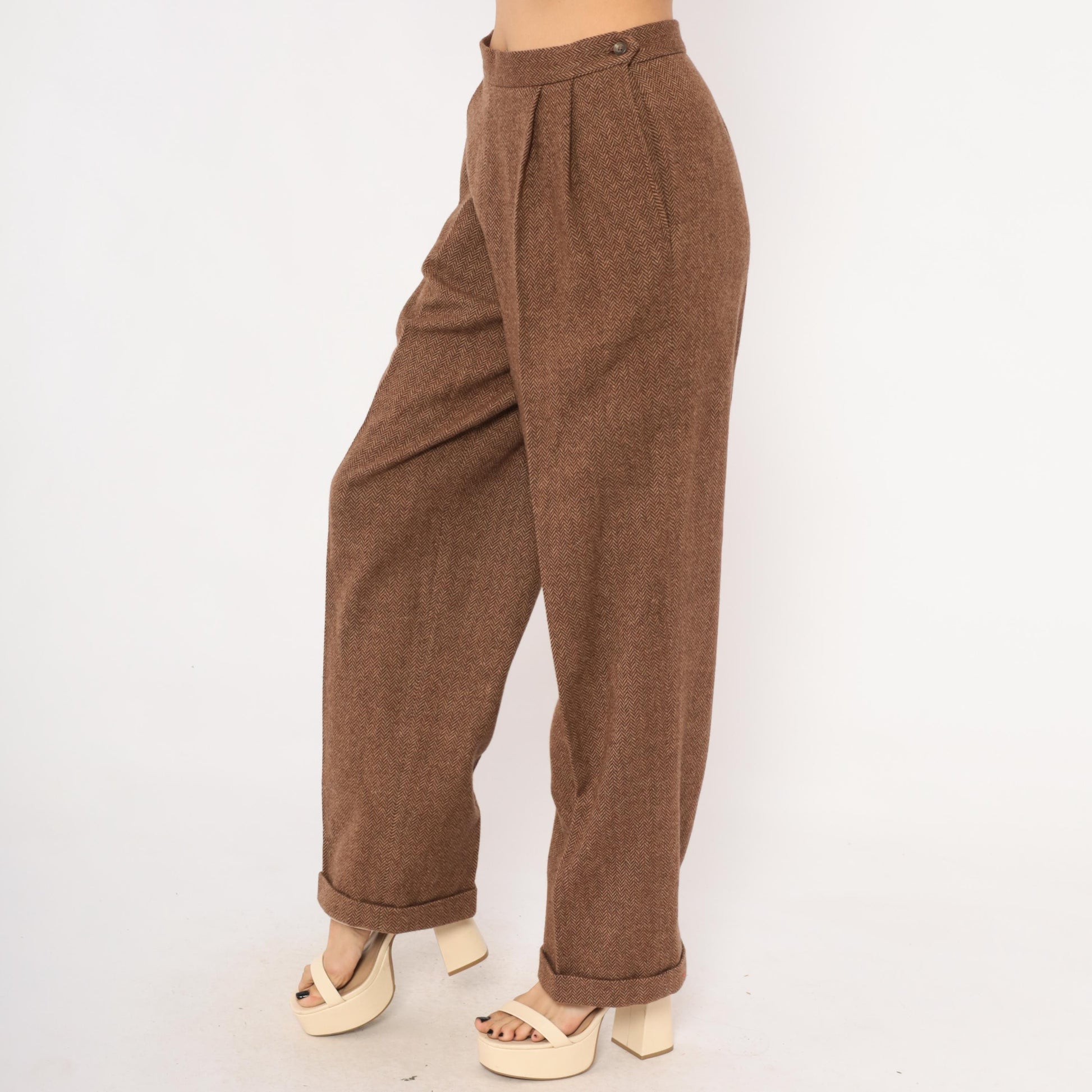 Ralph Lauren Wool Herringbone Trousers 90s Brown Pleated High Waist Large L