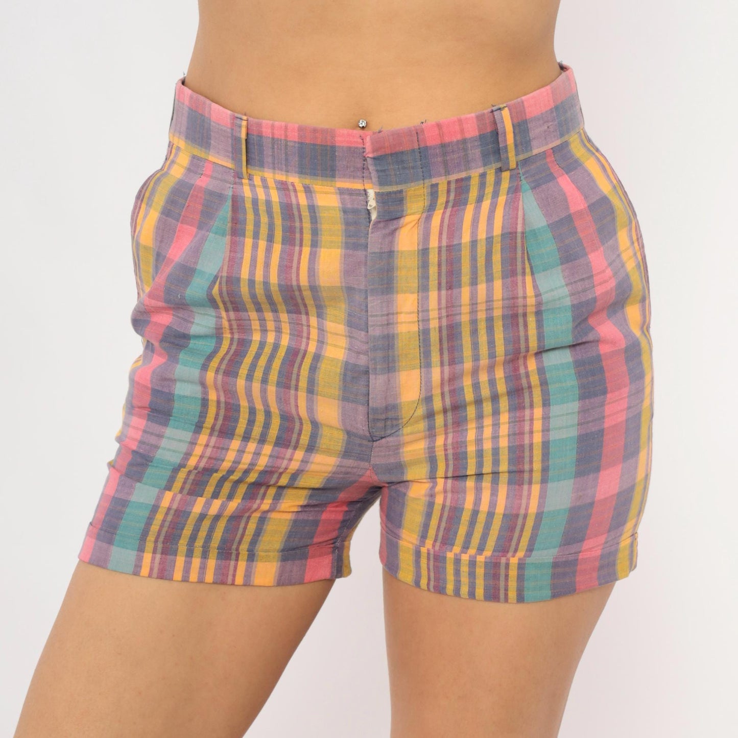 70s Skeets Madras Plaid Shorts Pink Purple Teal High Waist Cotton Medium M