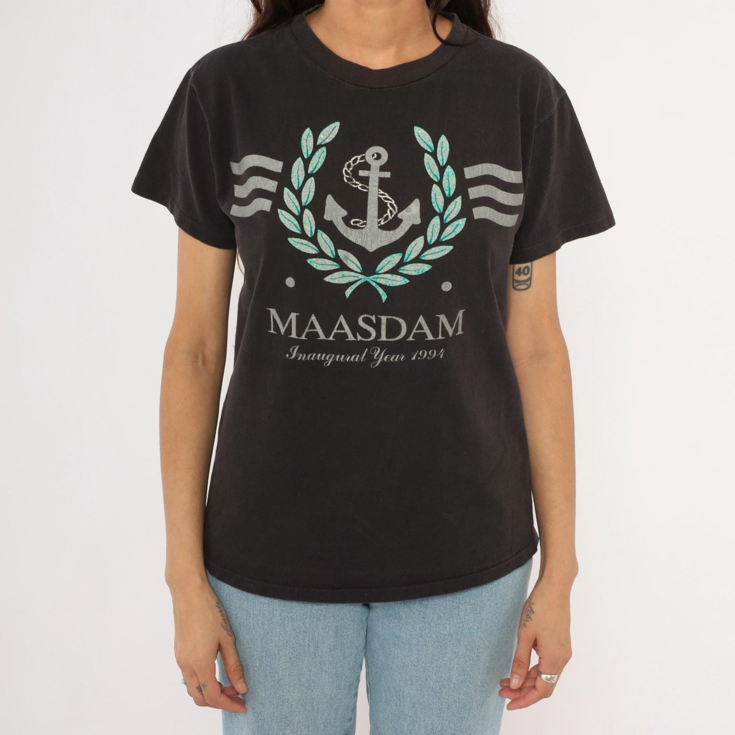 90s MS Maasdam Cruise Ship Graphic Tee Black Cotton Nautical Medium M
